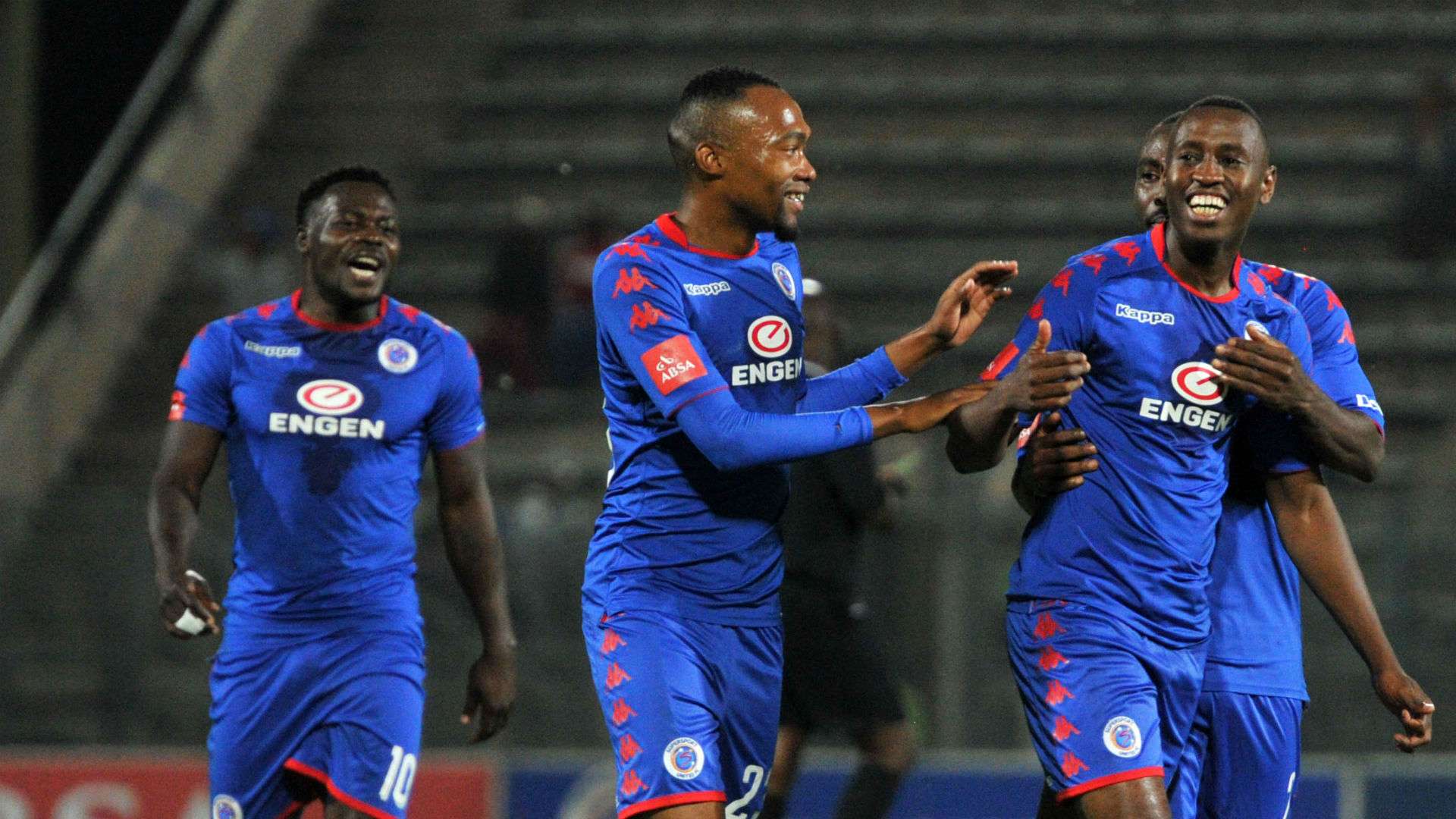 Siyabonga Nhlapo celebrates SuperSport United goal with teammate