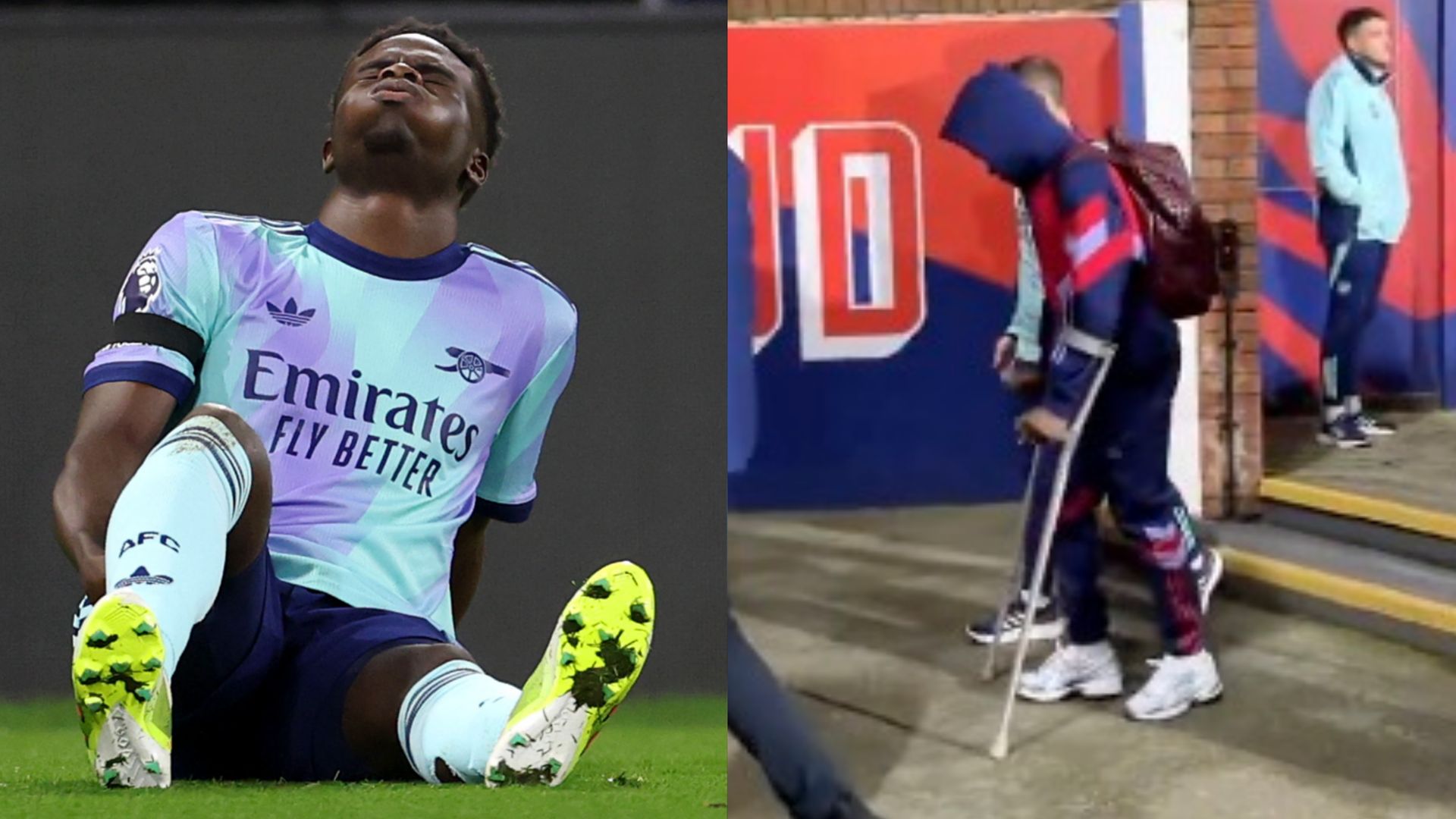BAD LUCK: Bukayo Saka seen leaving Selhurst Park on crutches, with Arsenal boss Mikel Arteta admitting he’s ‘pretty worried’ about the star’s condition
