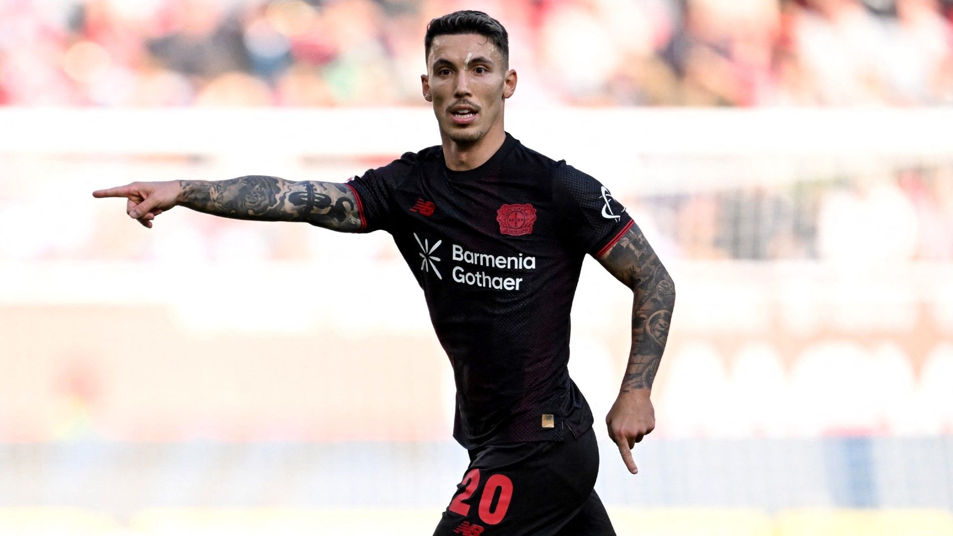 Bayer Leverkusen's Spanish defender #20 Alejandro Grimaldo gestures