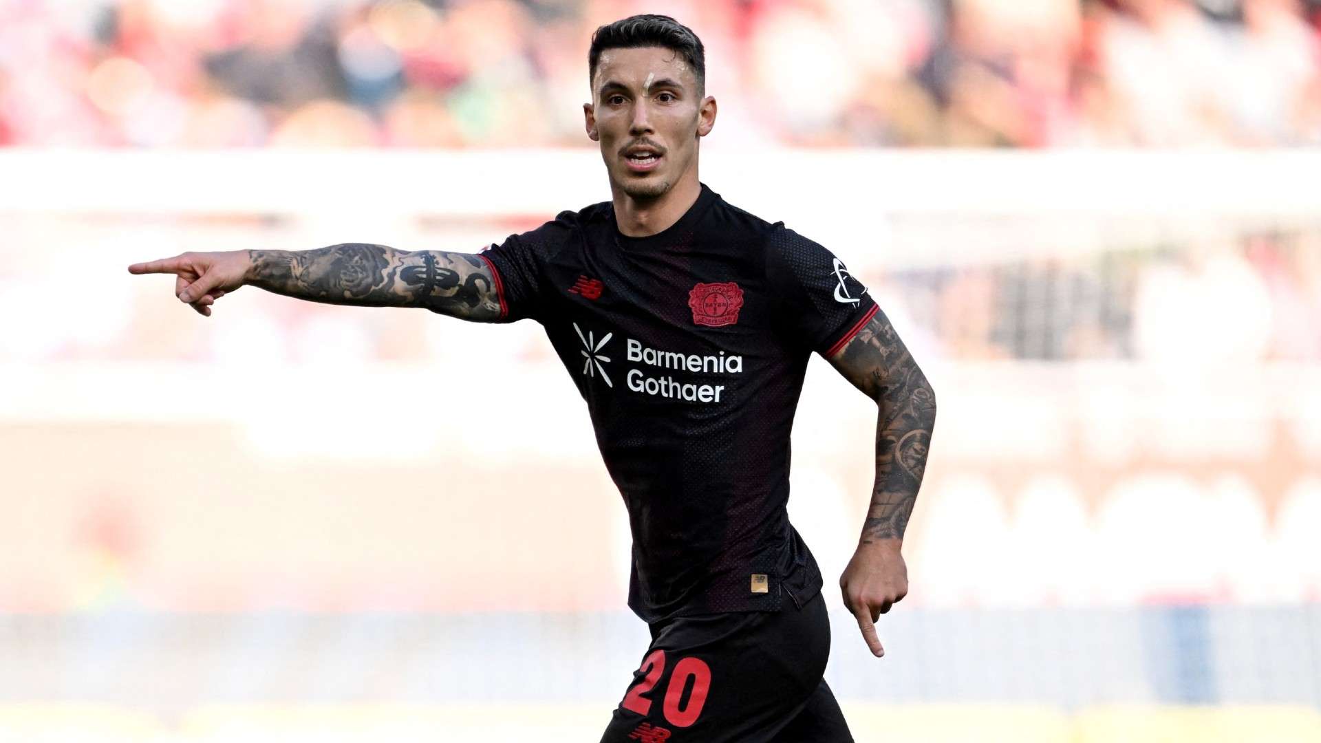 Bayer Leverkusen's Spanish defender #20 Alejandro Grimaldo gestures