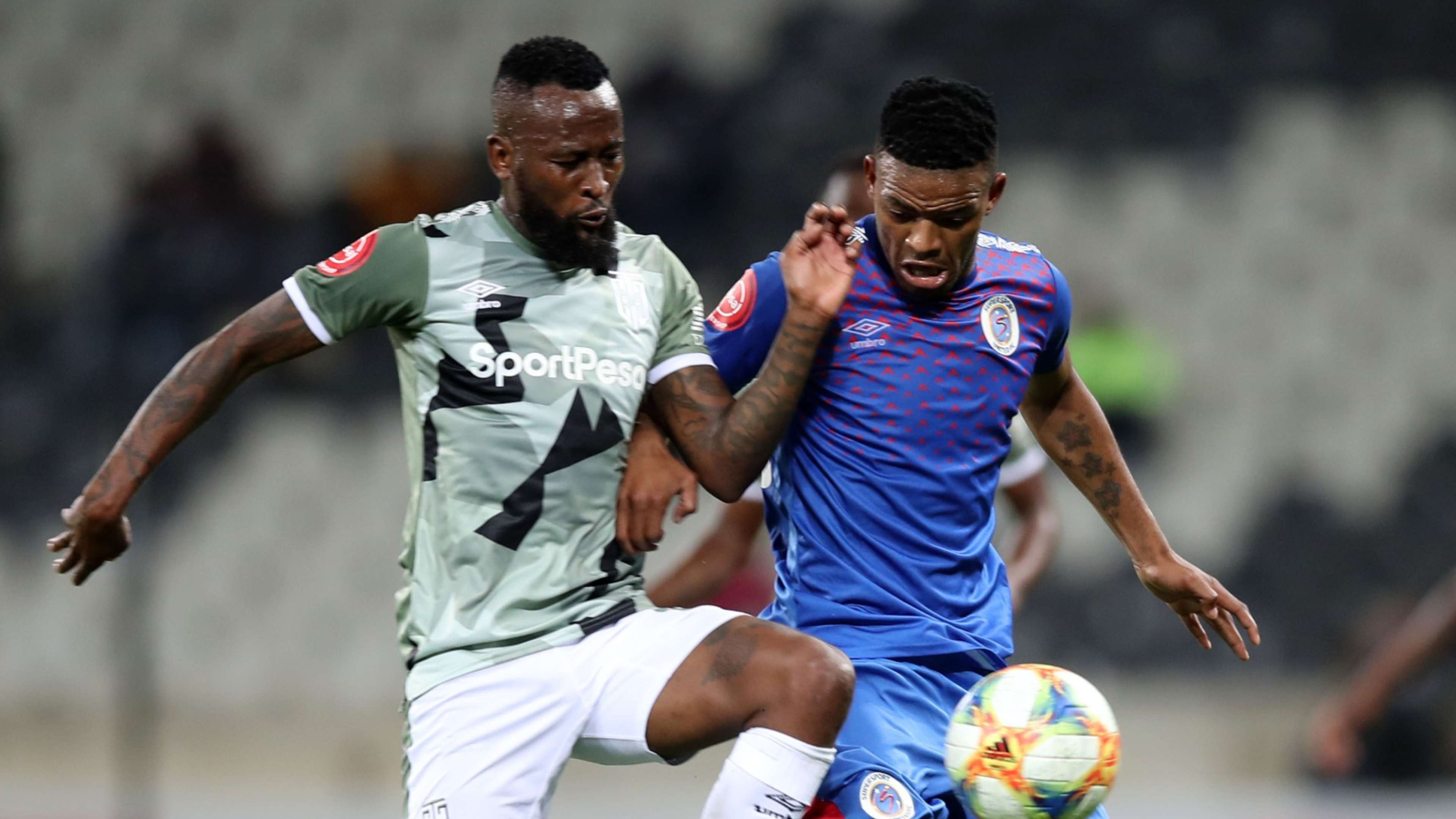 Sipho Mbule of Supersport United challenged by Mpho Makola of Cape Town City, September 2019