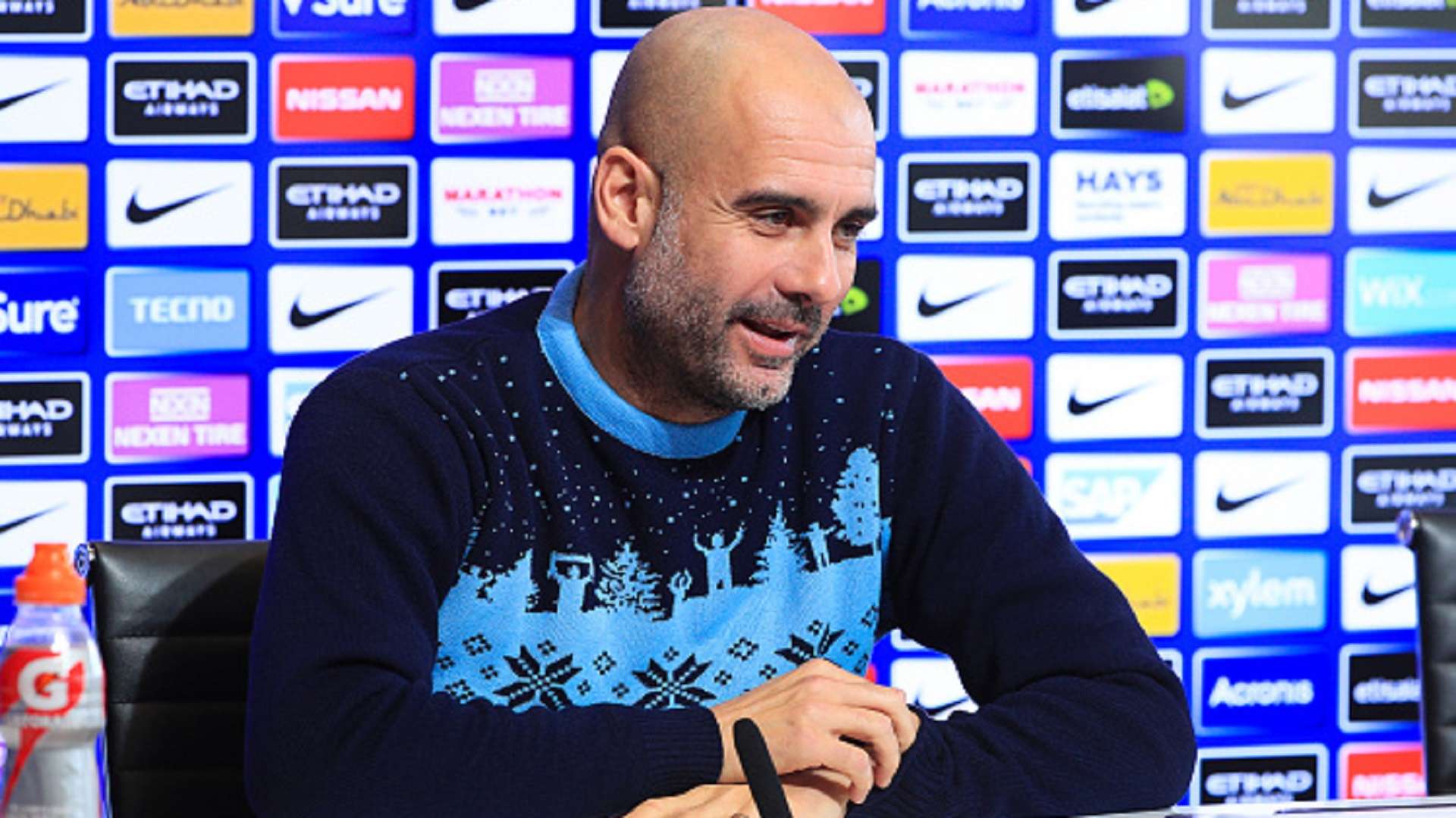 Pep Guardiola, manager of Manchester City speaks to the media during the press conference at Manchester City Football Academy on December 14, 2018 in Manchester, England