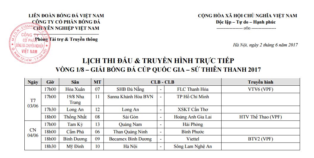 Lịch thi đấu và truyề hình trực tiếp Cúp Quốc Gia 2017