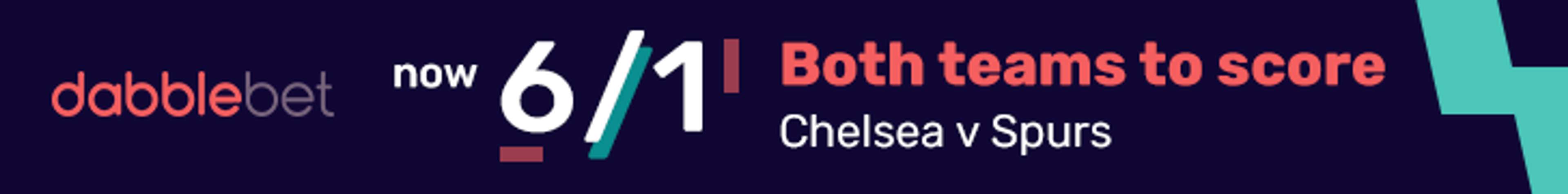 dabblebet enhanced new customer offer 6/1 BTTS Chelsea v Tottenham footer