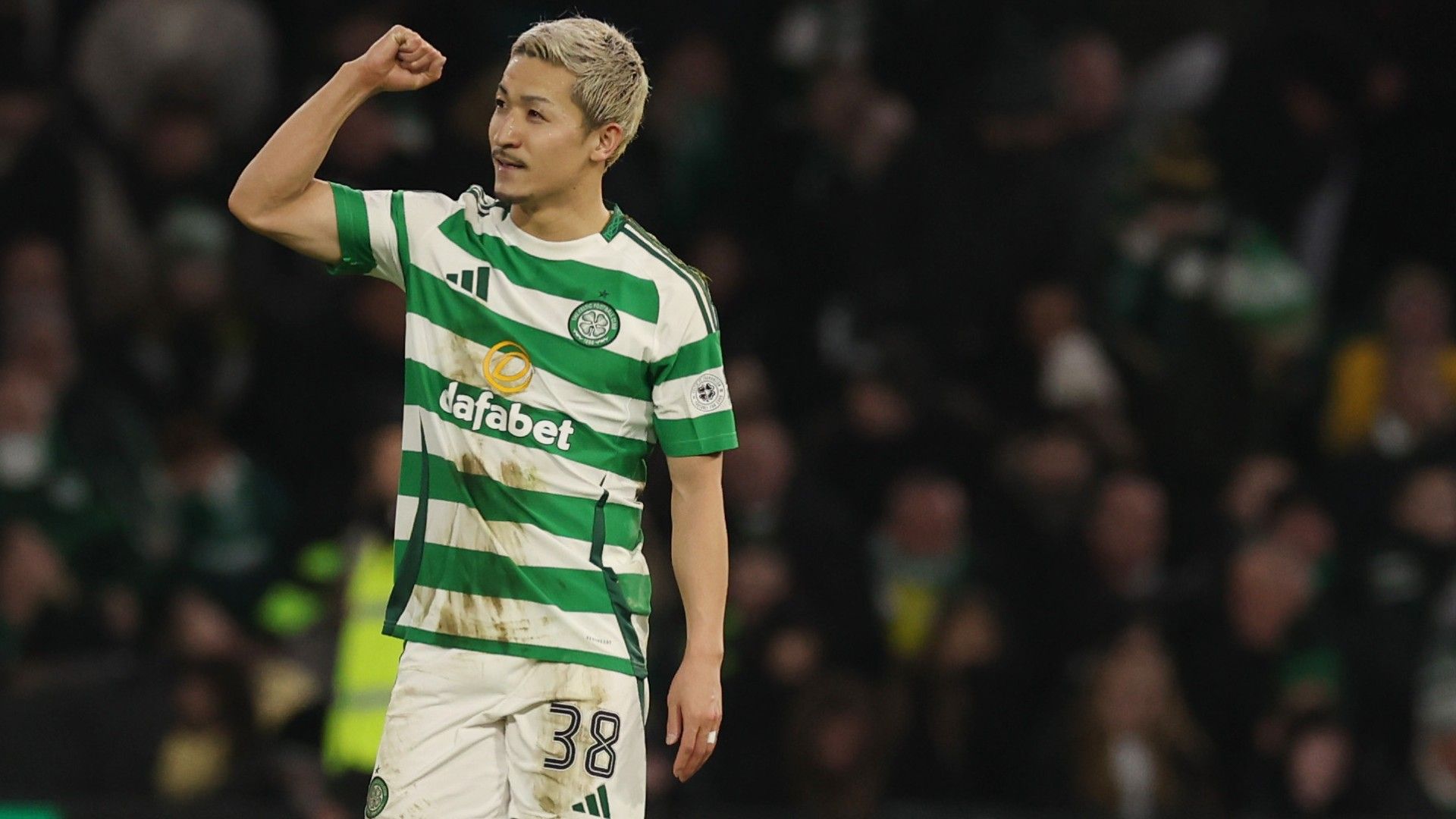 Daizen Maeda of Celtic celebrates scoring 