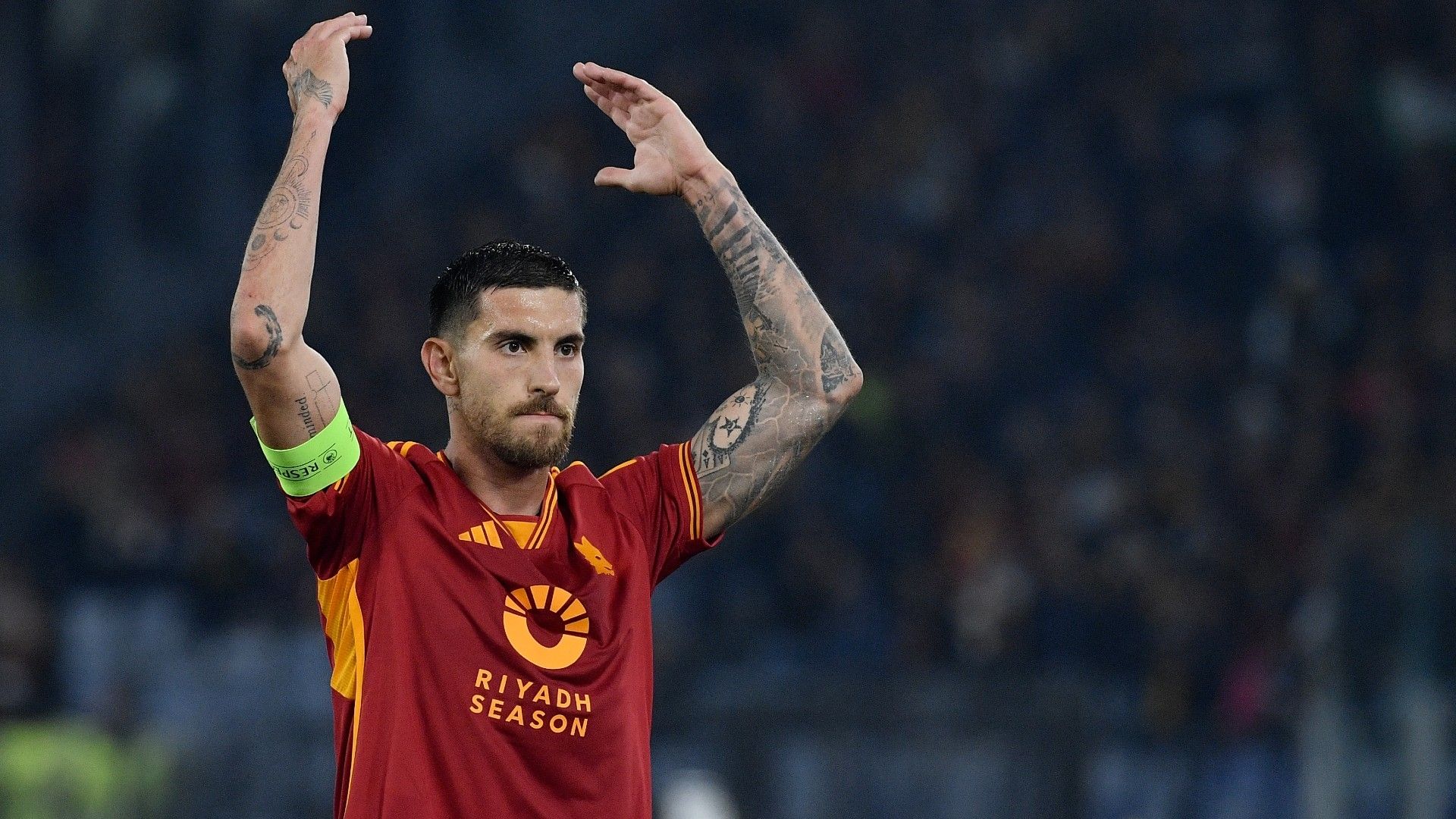 Roma's Italian midfielder #07 Lorenzo Pellegrini reacts