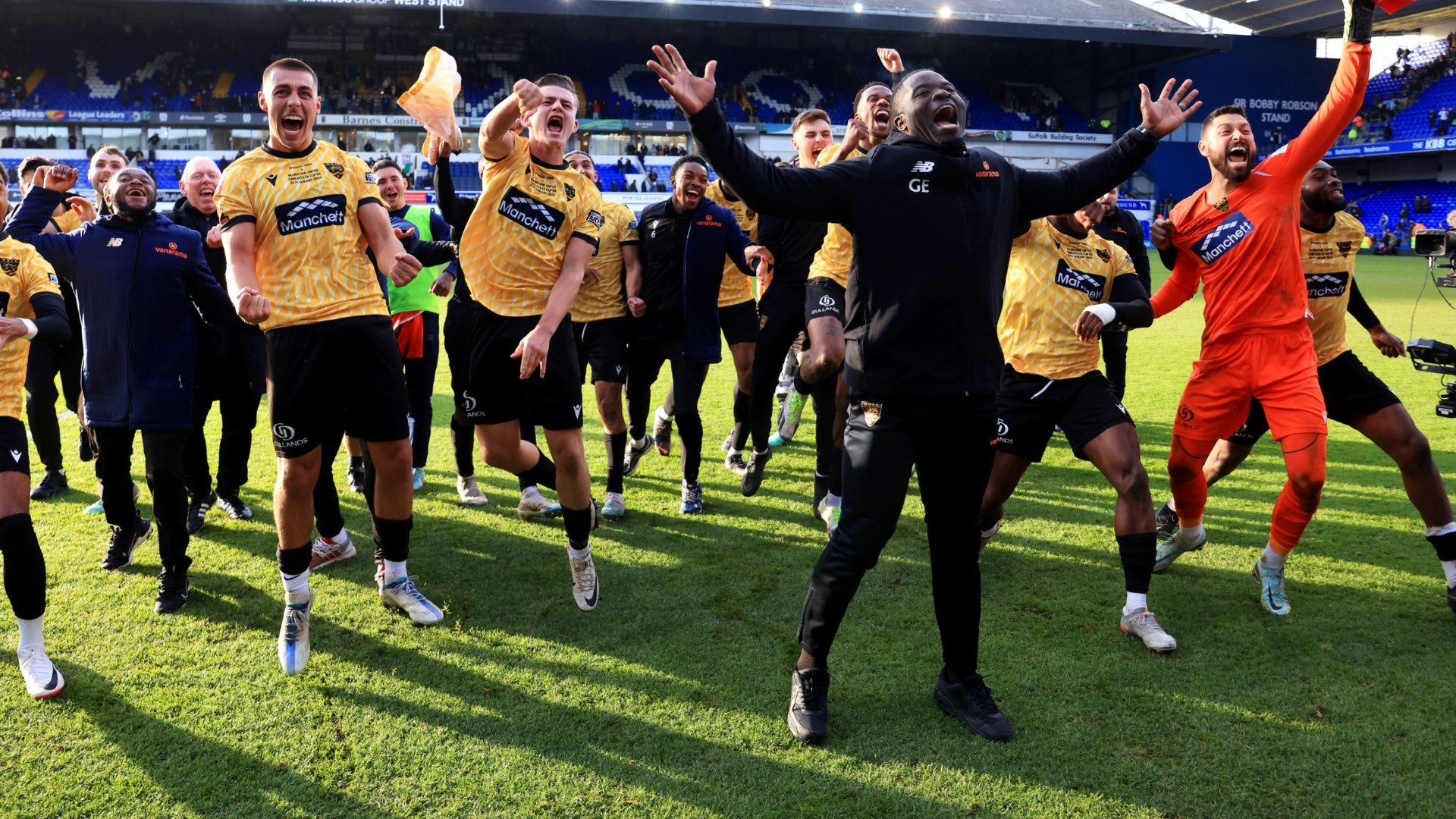 Maidstone United celebrating FA Cup win over Ipswich 2023-24