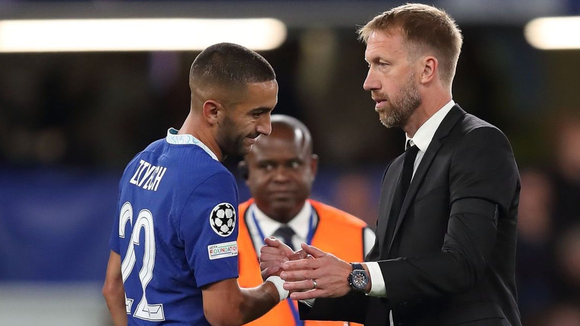 Graham Potter and Hakim Ziyech of Chelsea.