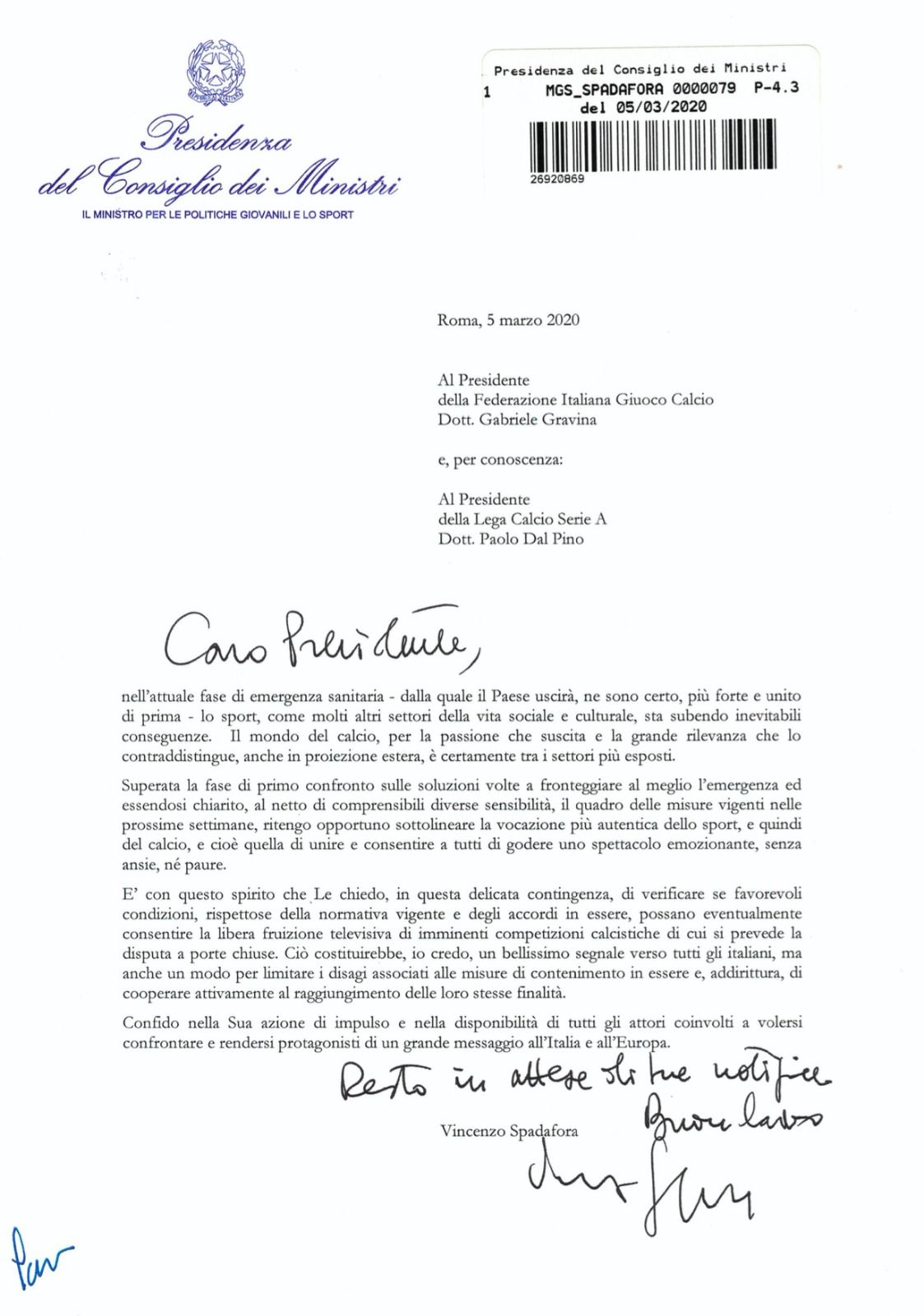 Lettera Spadafora tv FIGC