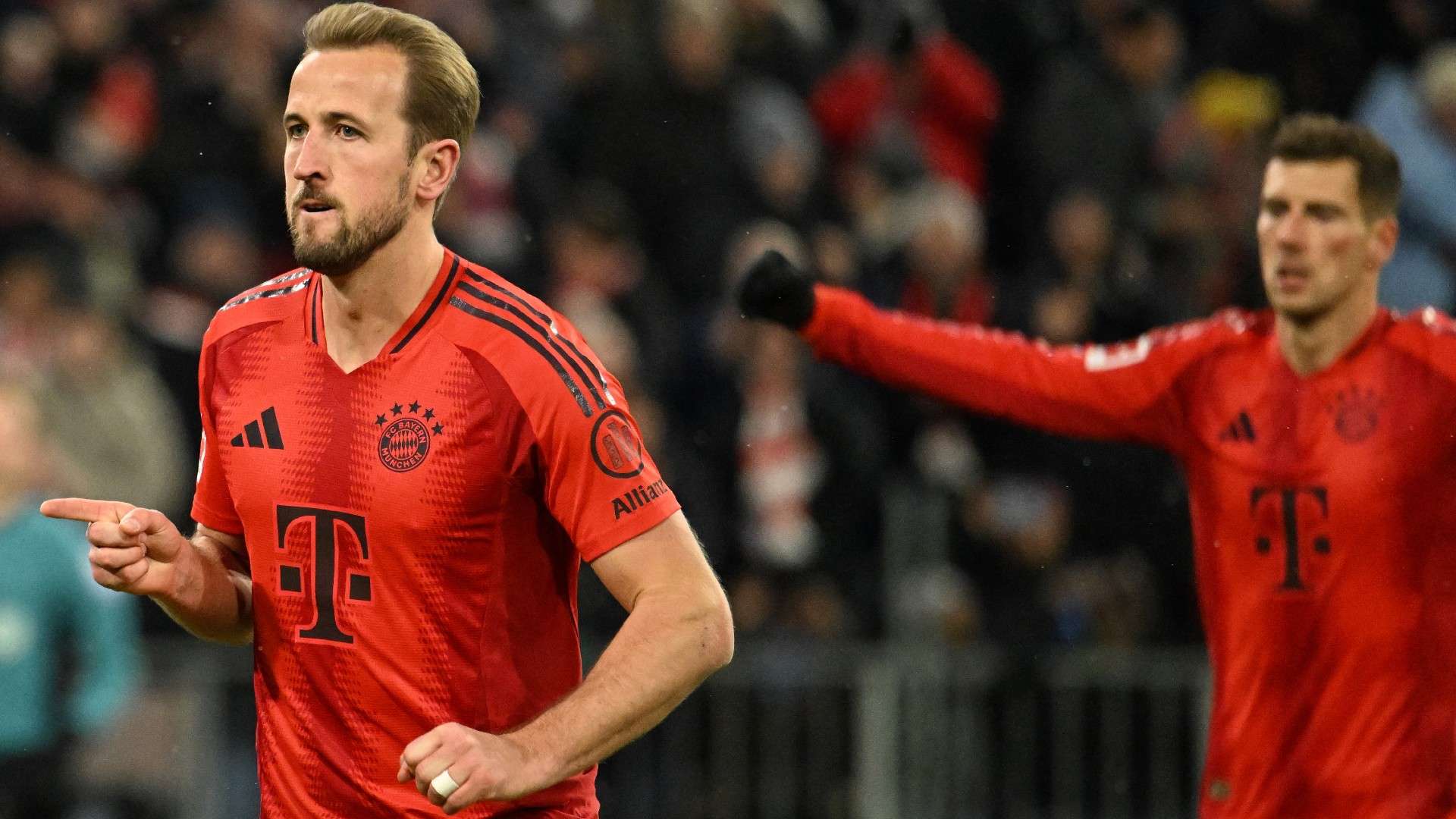 Bayern Munich's English forward #09 Harry Kane celebrates scoring