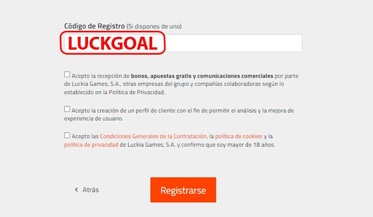 codigo registro luckia