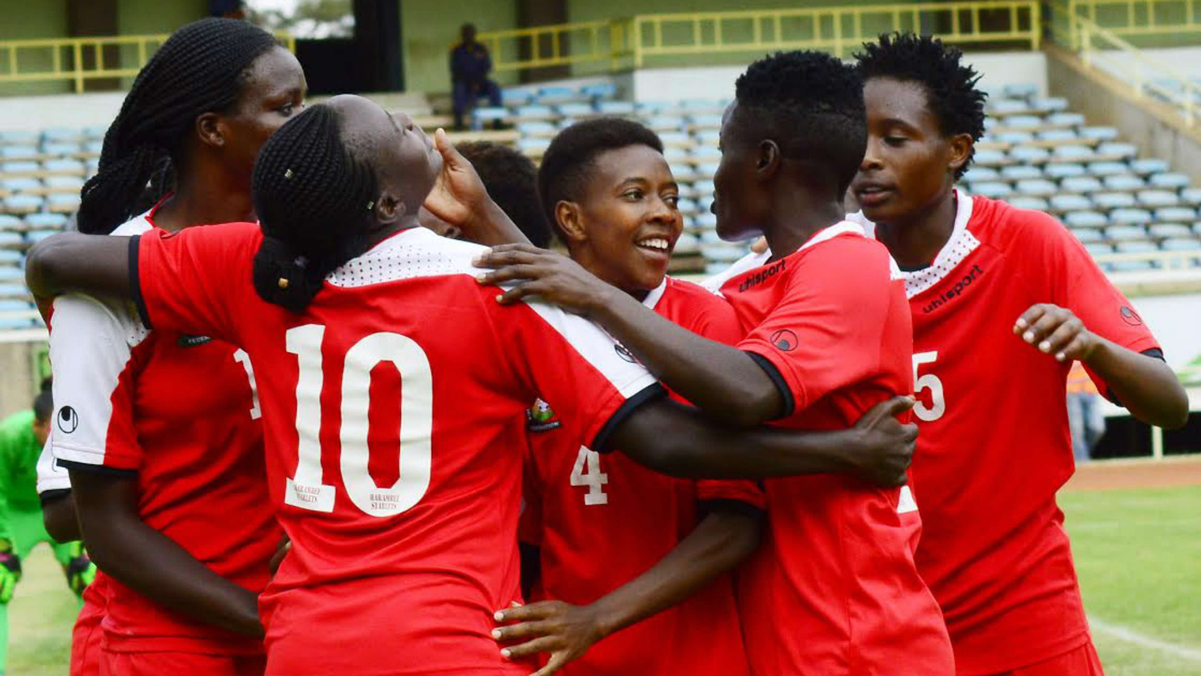 Harambee Starlets players celebrate against Egypt