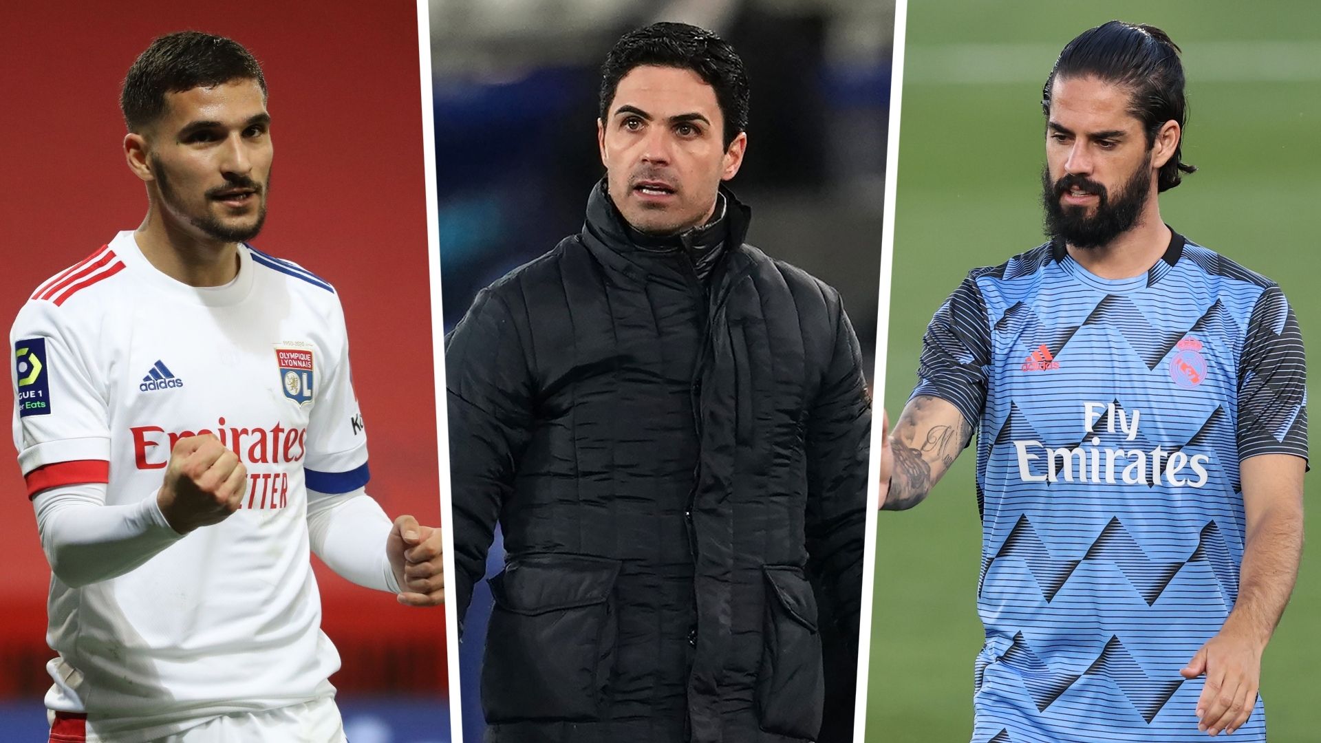 Houssem Aouar Mikel Arteta Isco Lyon Arsenal Real Madrid GFX