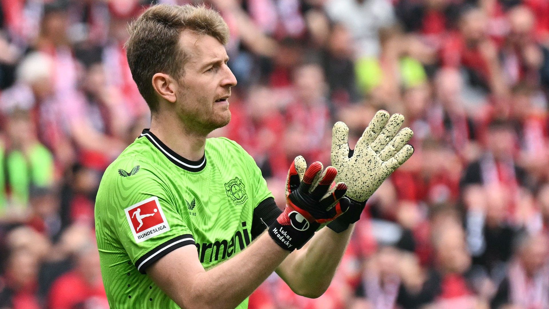 Bayer Leverkusen's Finnish goalkeeper #01 Lukas Hradecky reacts
