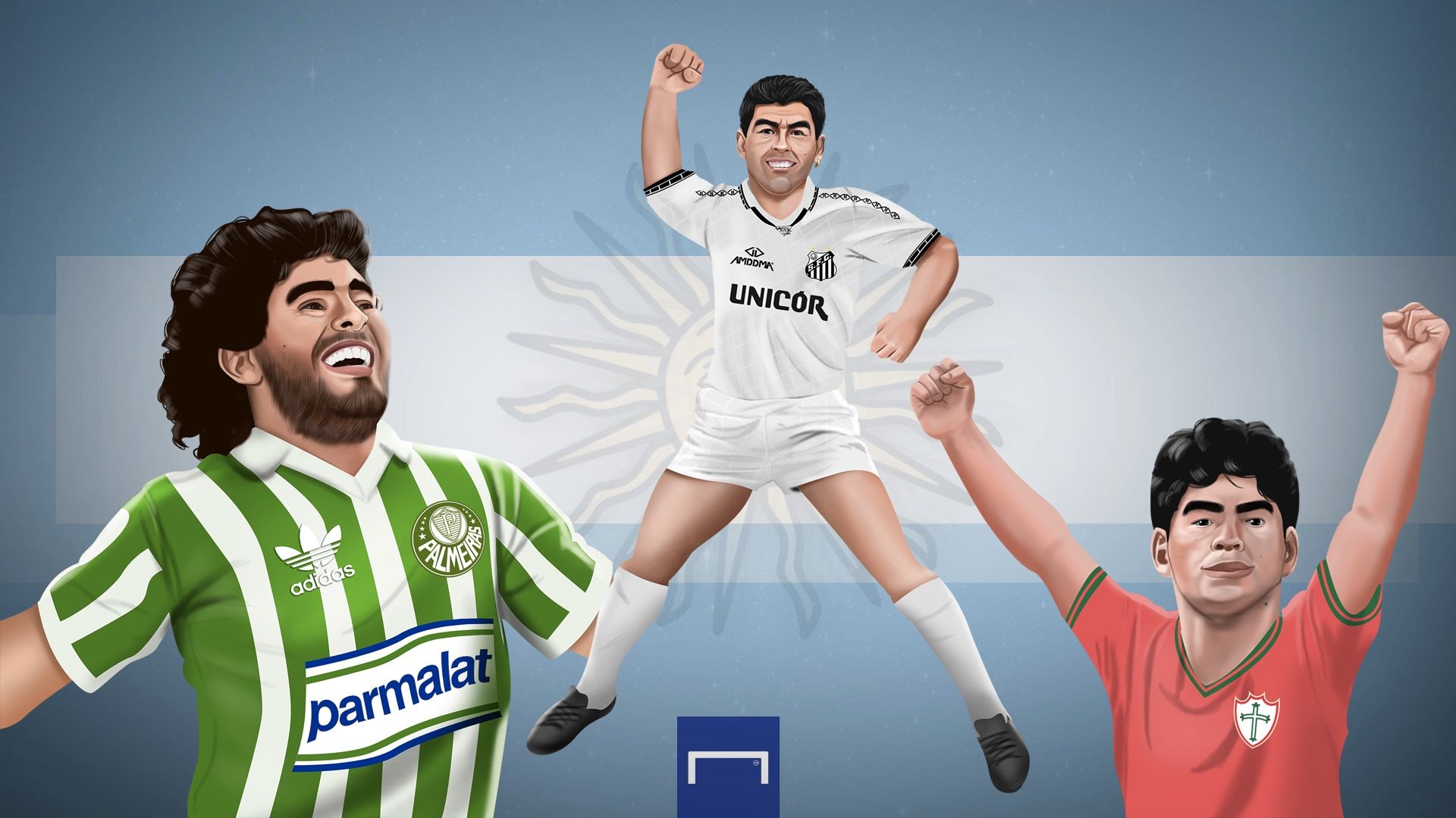 Maradona com camisas de Palmeiras, Santos e Portuguesa