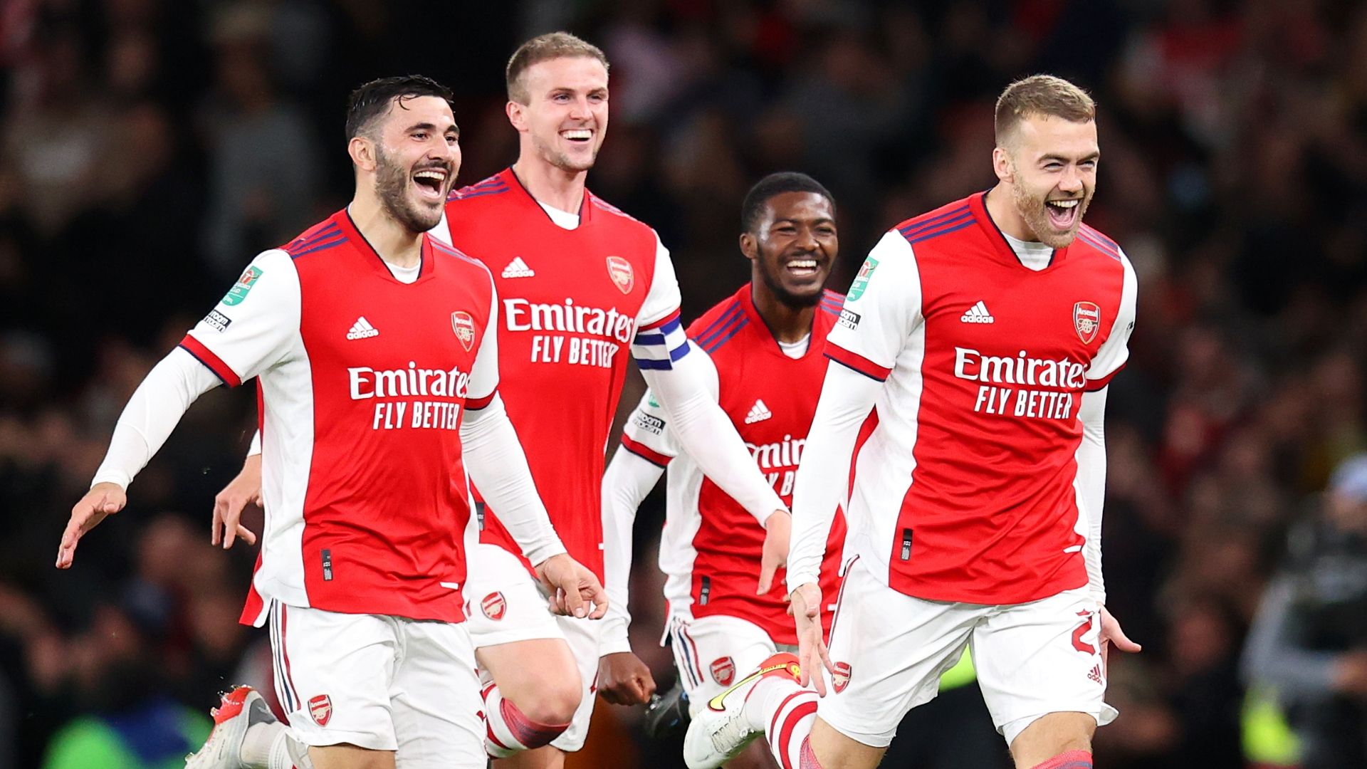 Arsenal celebrate Calum Chambers goal vs Leeds 2021