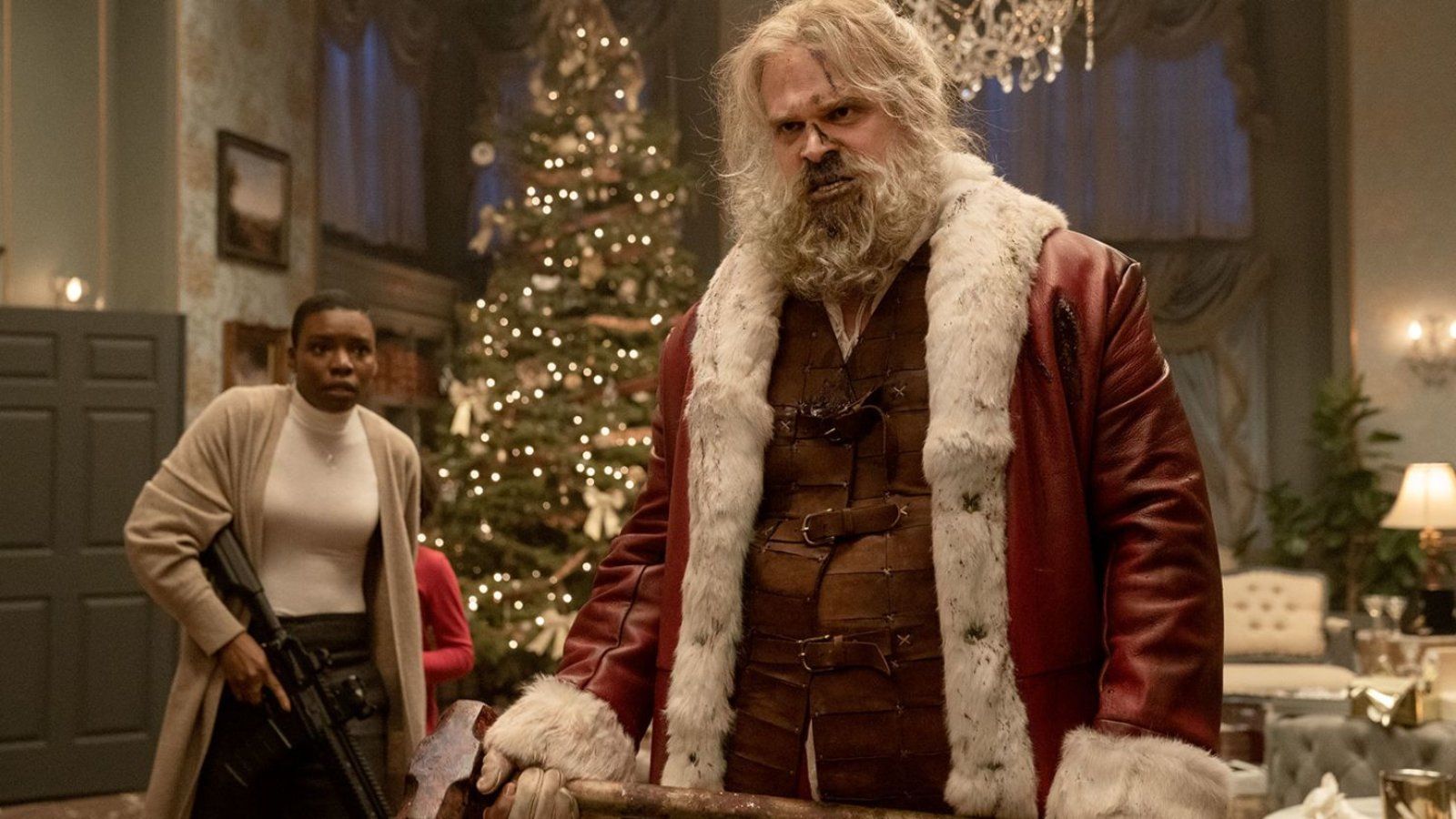 David Harbour as a very different Santa, in Violent Night.