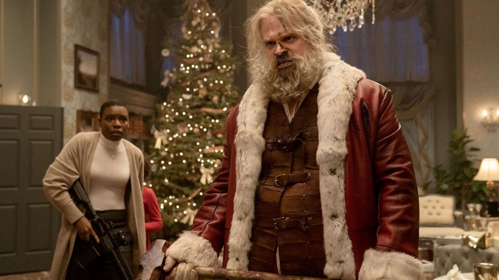 David Harbour as a very different Santa, in Violent Night.