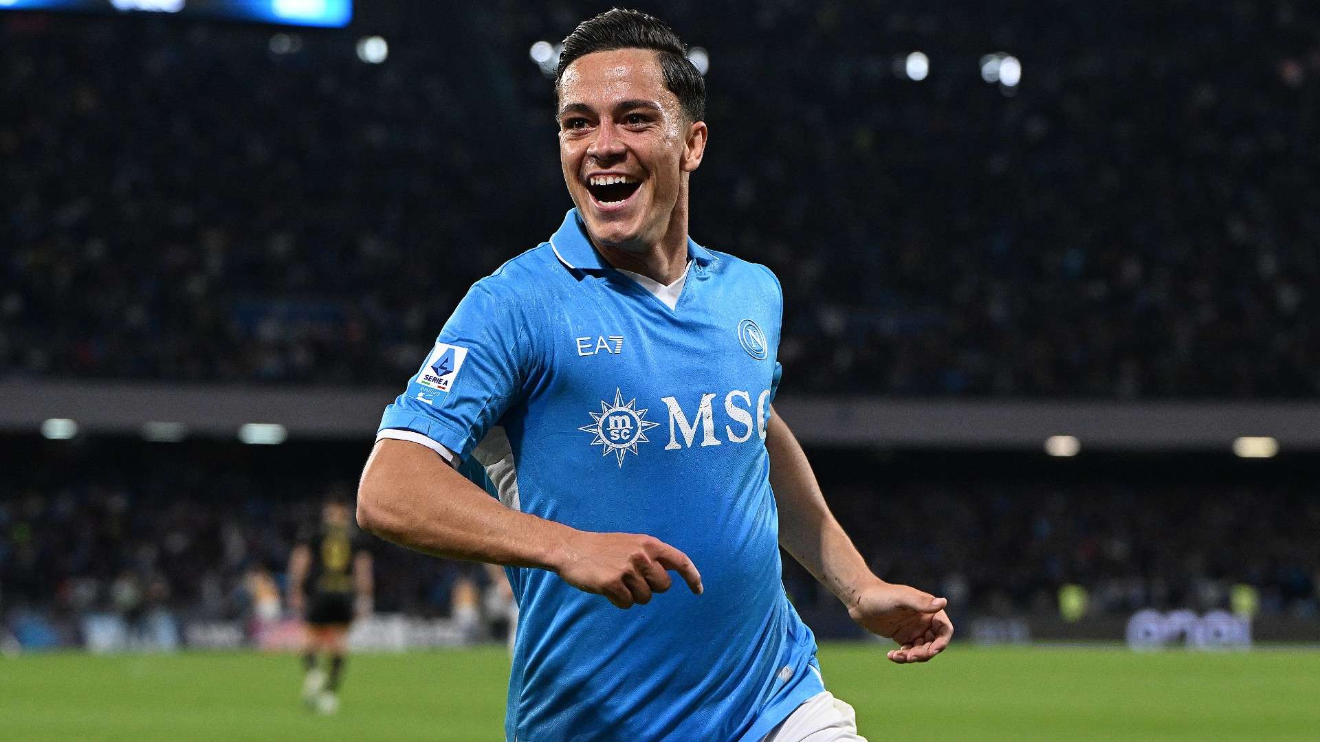 Giacomo Raspadori of Napoli celebrates after scoring