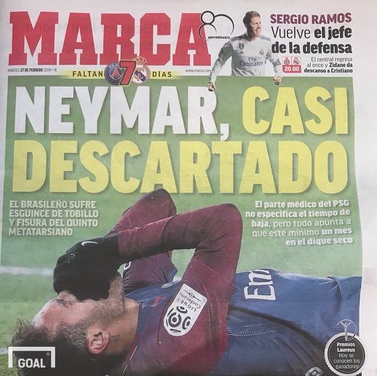 27일(현지시간) 스페인 현지 신문 마르카 1면에 보도된 네이마르의 부상. 사진=골닷컴 이하영 에디터