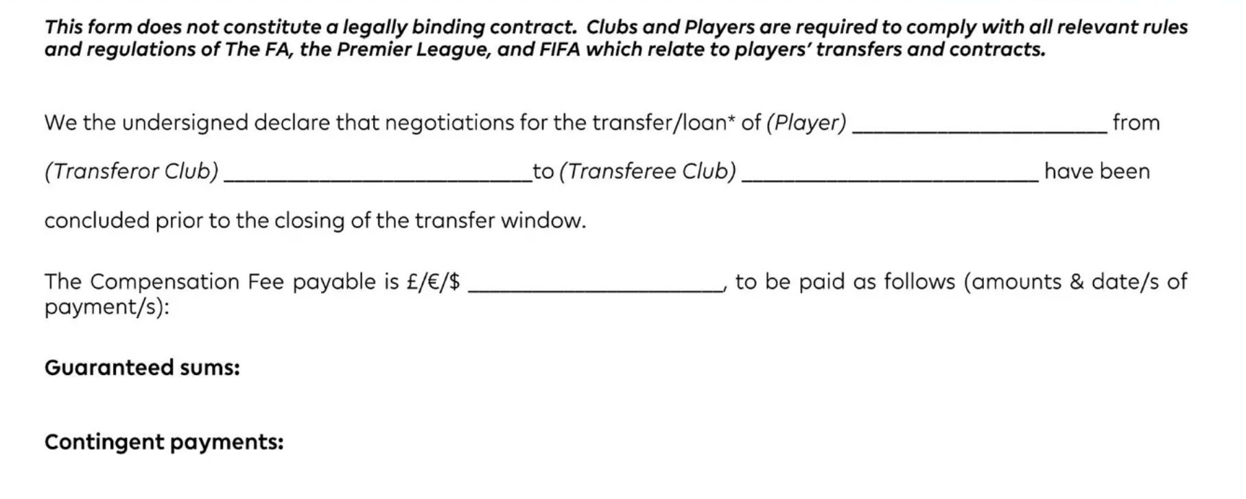 Premier League deal sheet 