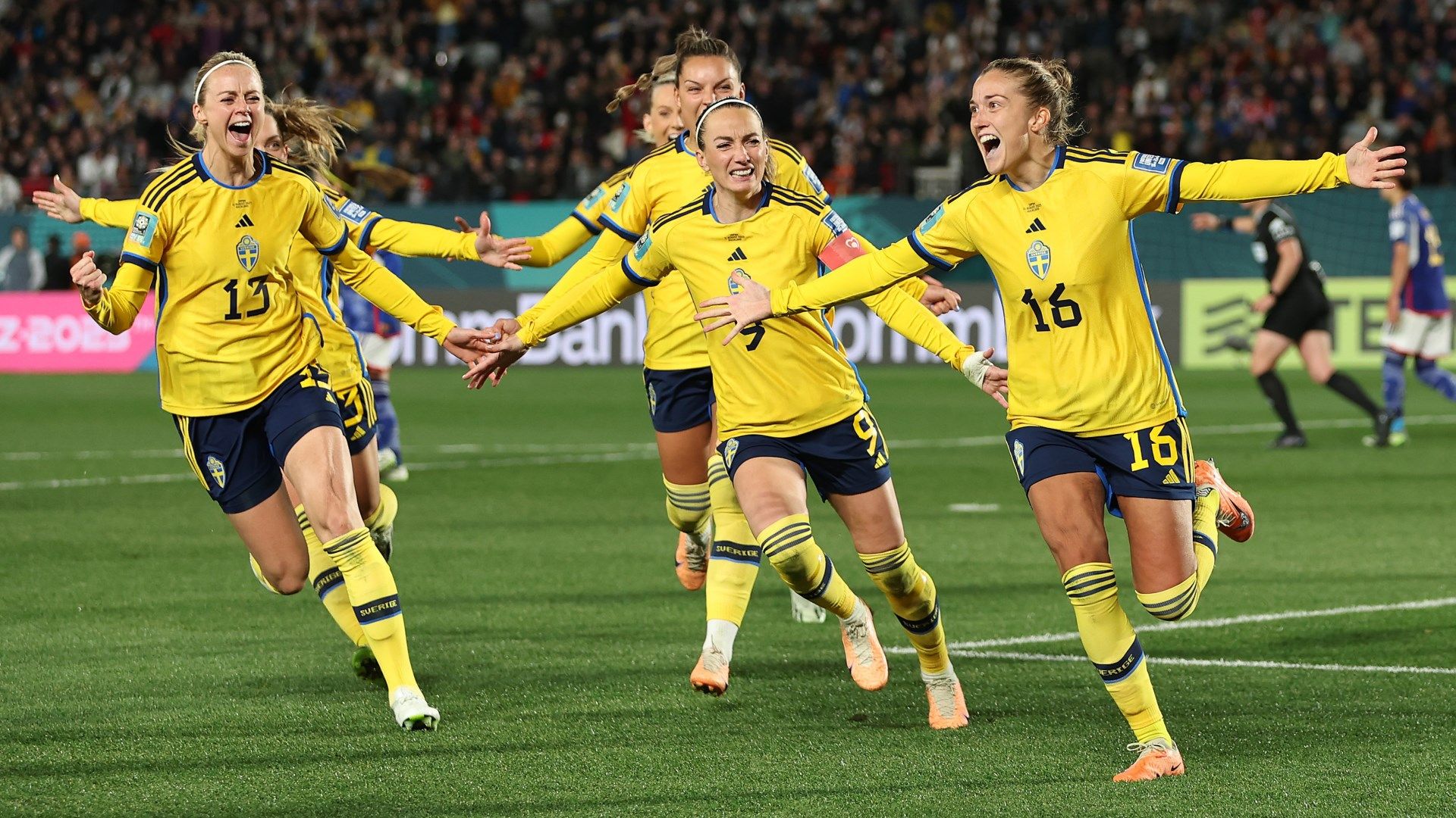 Sweden players celebrate Filippa Angeldahl's goal for Sweden Women's World Cup
