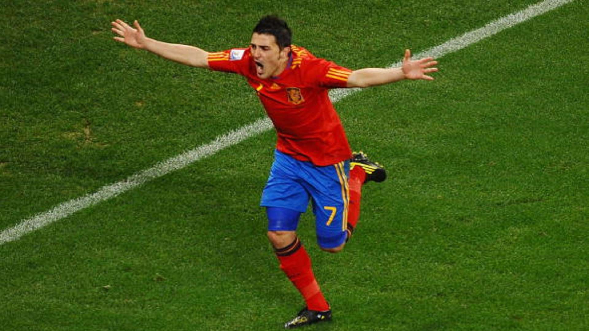 David Villa of Spain celebrates scoring the opening goal during the 2010 FIFA World Cup South Africa