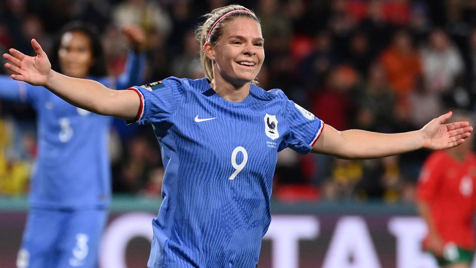 Eugenie Le Sommer celebrates scoring her second goal for France against Morocco at Women's World Cup