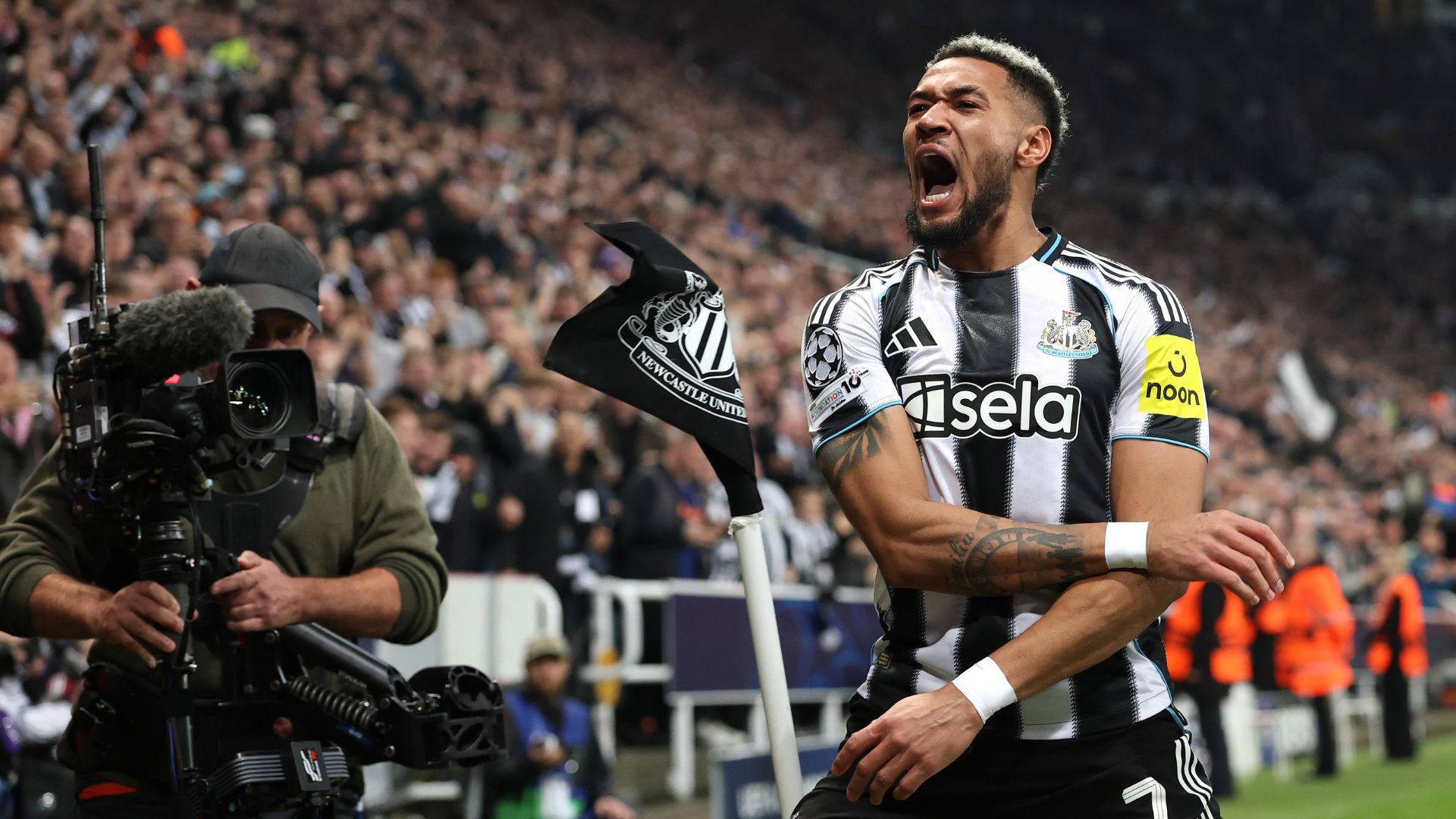 Joe Linton of Newcastle United celebrates scoring his team's second goal during the UEFA Champions League 2025/26 League Phase