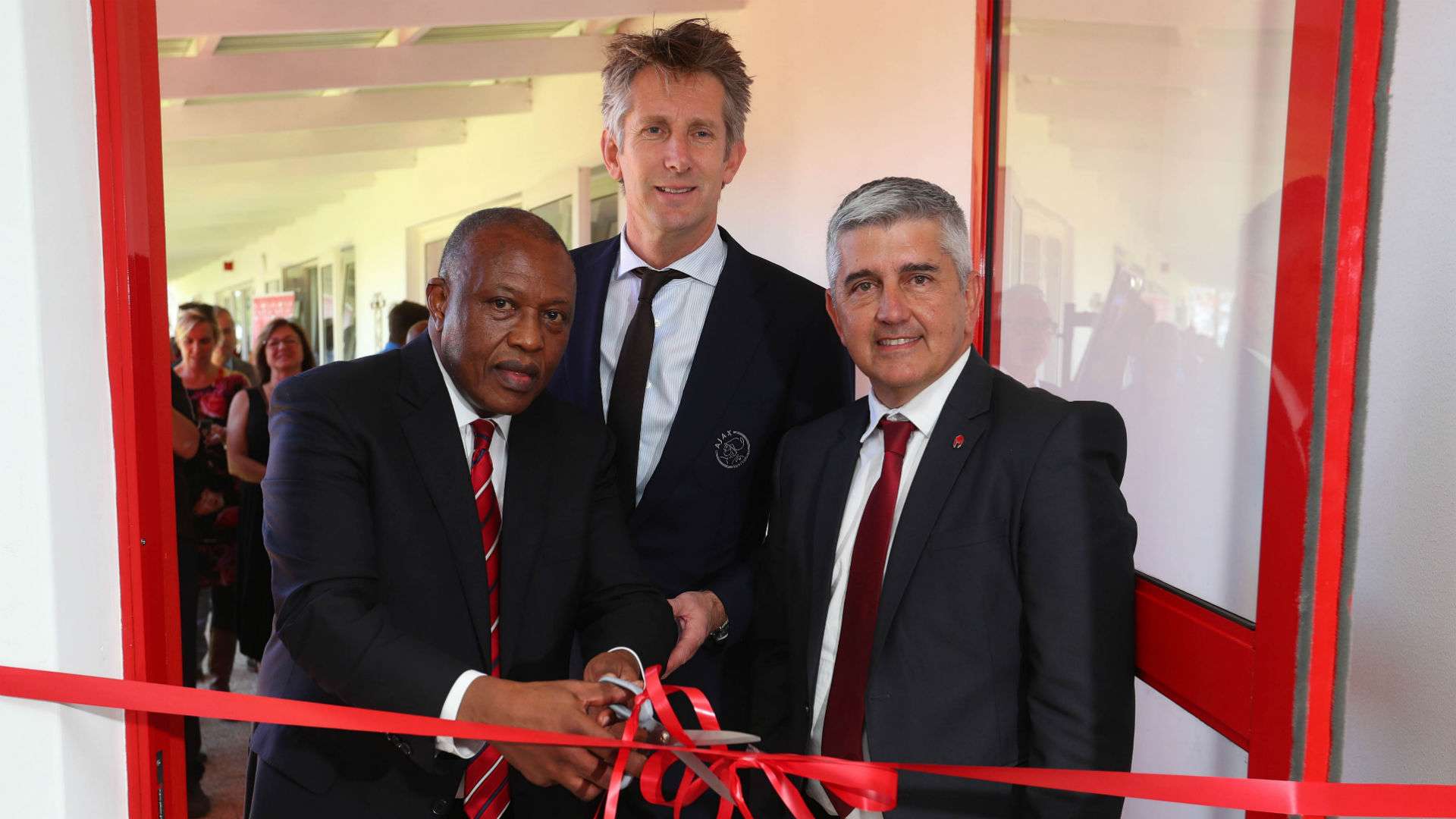 Dr Irvin Khoza (Chairman of the PSL) (l), Edwin van der Sar (CEO of Ajax Amsterdam) (c) and Ari Efstathiou (Chairman of Ajax Cape Town), November 2018