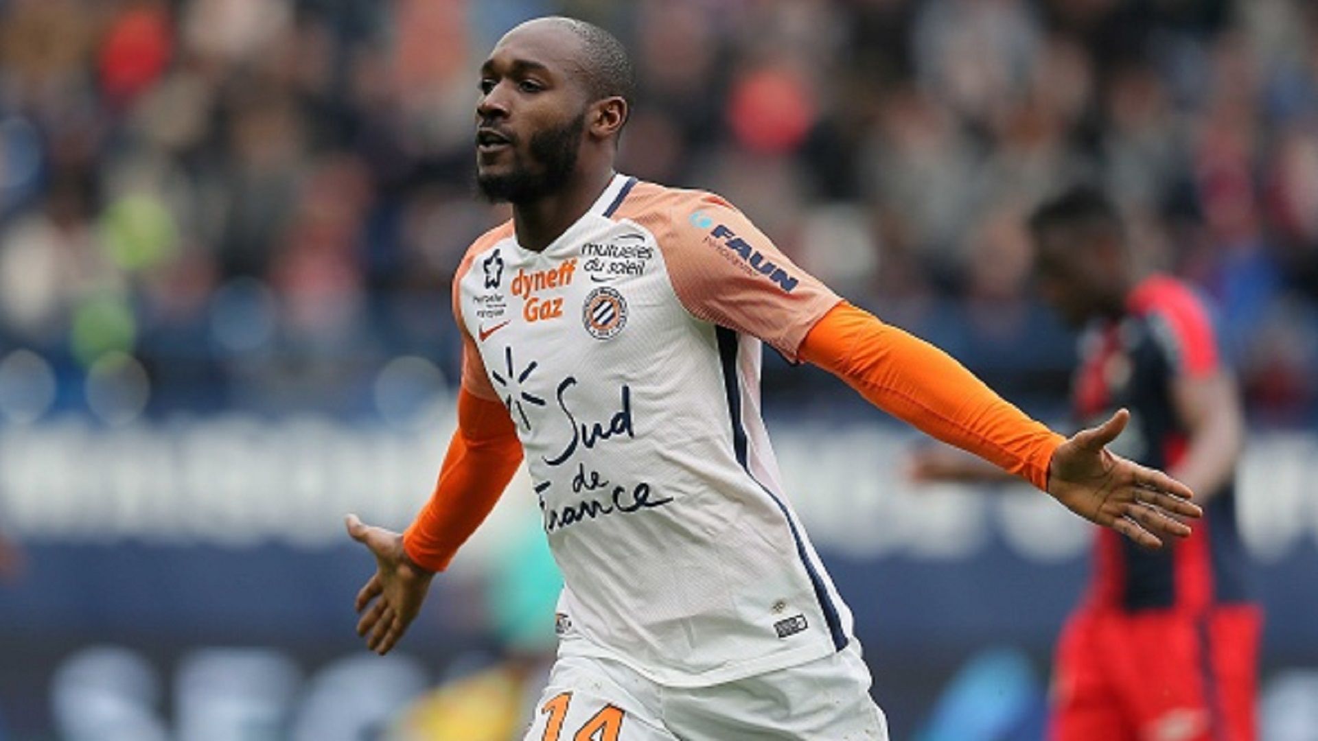 Giovanni Sio of Montpellier celebrates the third goal during the Ligue 1 match between SM Caen and Montpellier on April 1, 2018