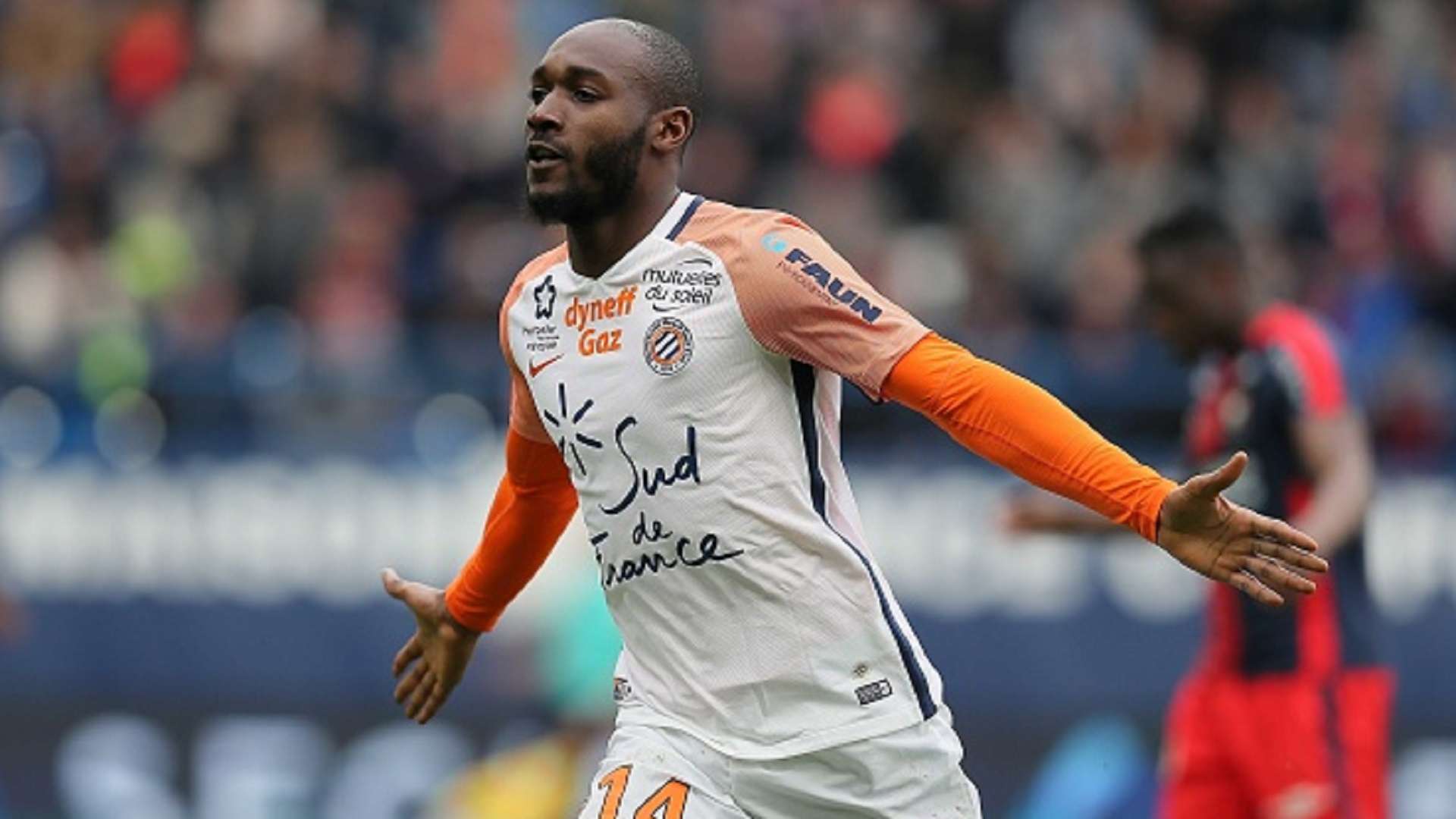 Giovanni Sio of Montpellier celebrates the third goal during the Ligue 1 match between SM Caen and Montpellier on April 1, 2018