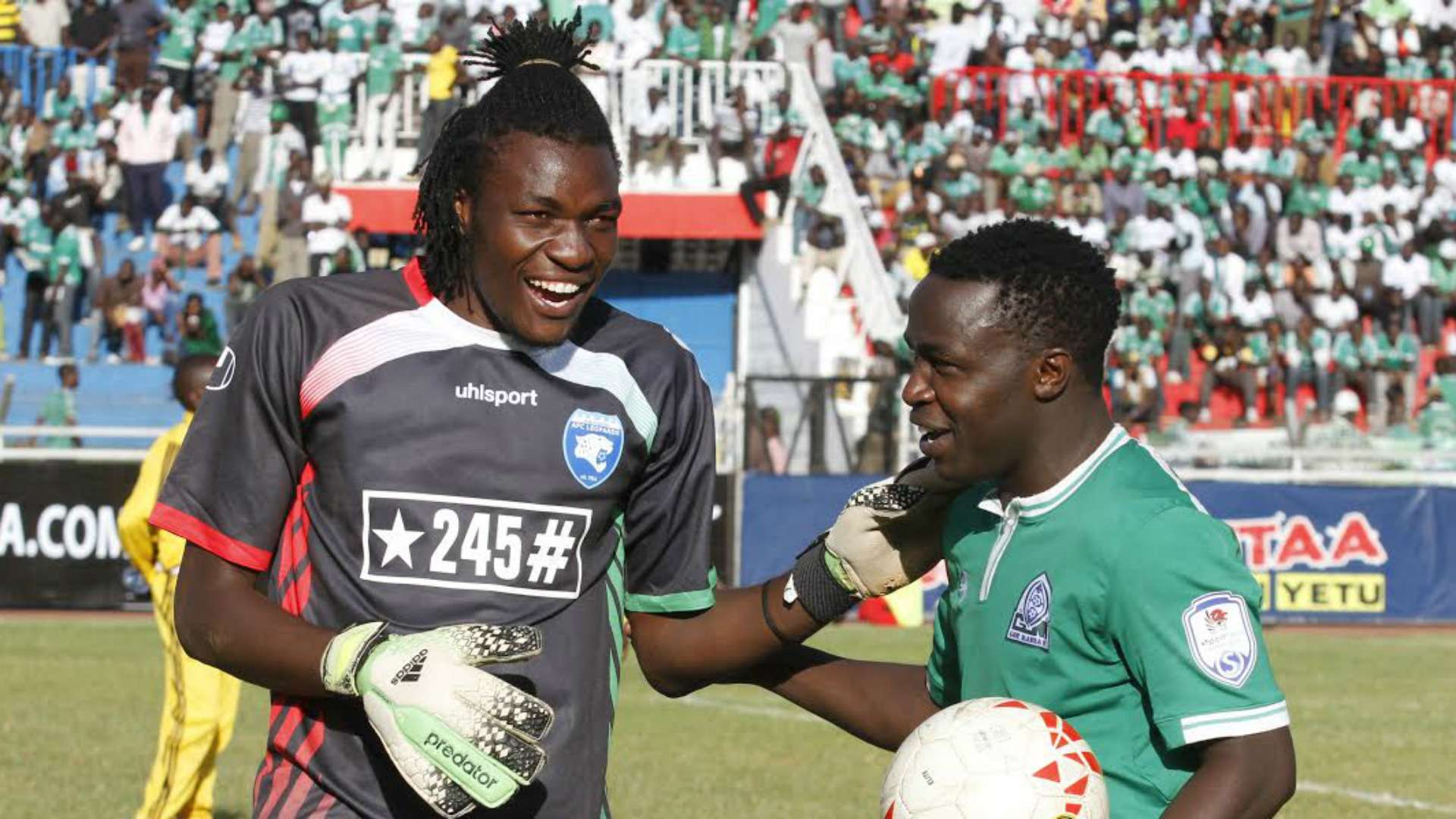 AFC Leopards goalkeeper Lukas Indeche with Collins 'Gattuso' Okoth of Gor Mahia