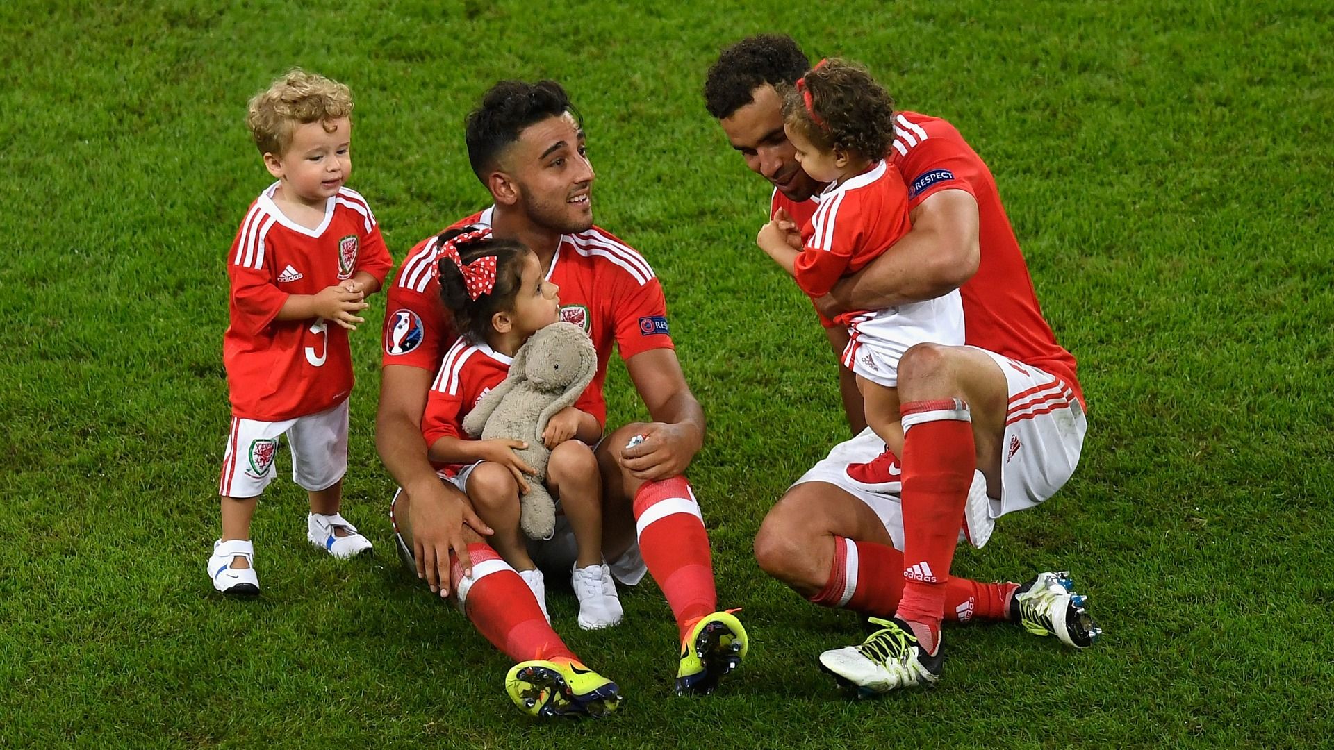 Neil Taylor Hal Robson-Kanu with their children Wales Belgium Euro 2016