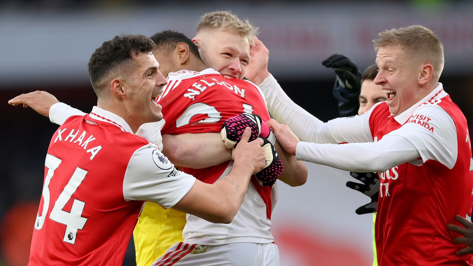 Reiss Nelson mobbed Arsenal Bournemouth Premier League 2022-23
