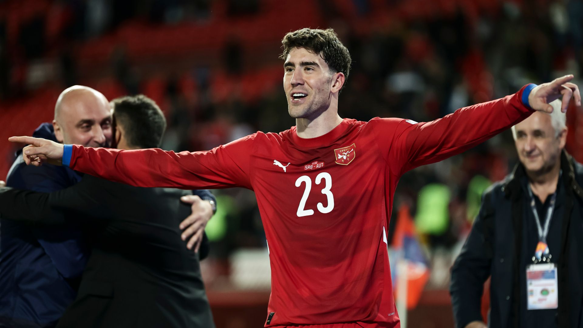 Vlahovic esultanza goal serbia austria 23 marzo 2025