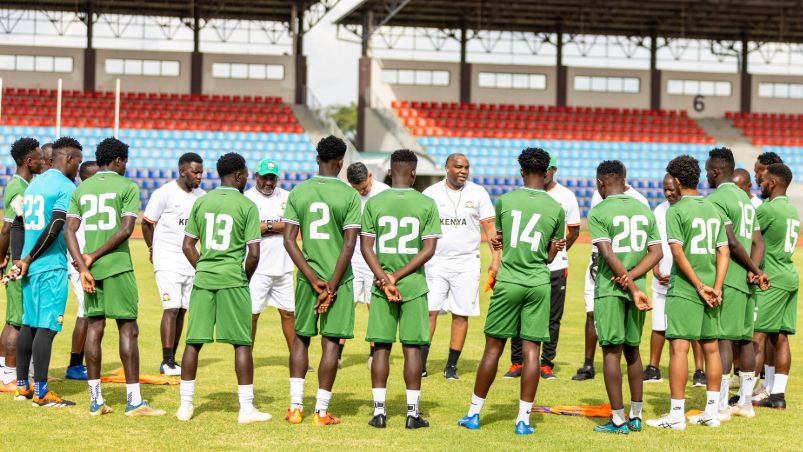Benni McCarthy issues instructions during Harambee Stars training session.