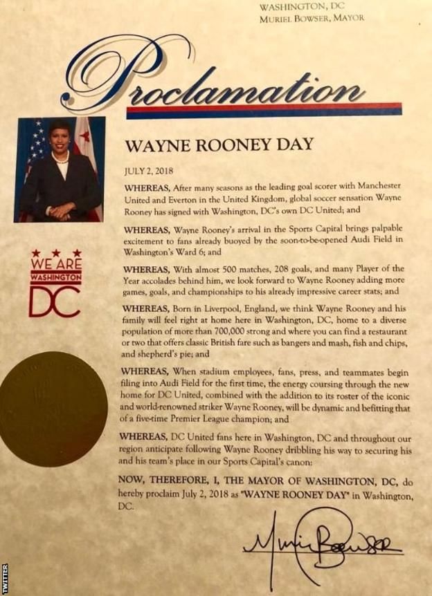 Wayne Rooney day Proclamation by Washington DC Mayor