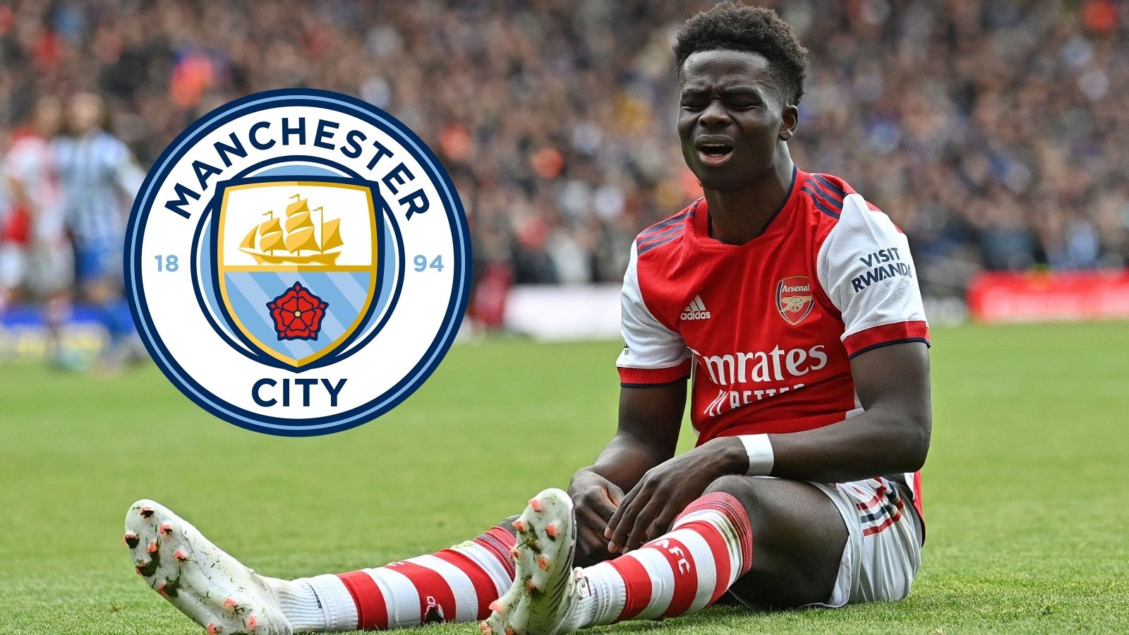 Bukayo Saka Arsenal Manchester City crest GFX