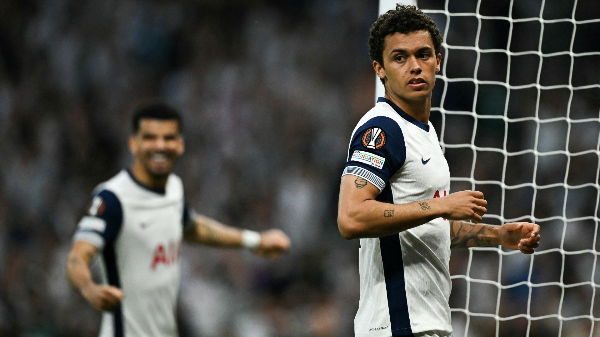 Tottenham Hotspur's Welsh striker #22 Brennan Johnson celebrates