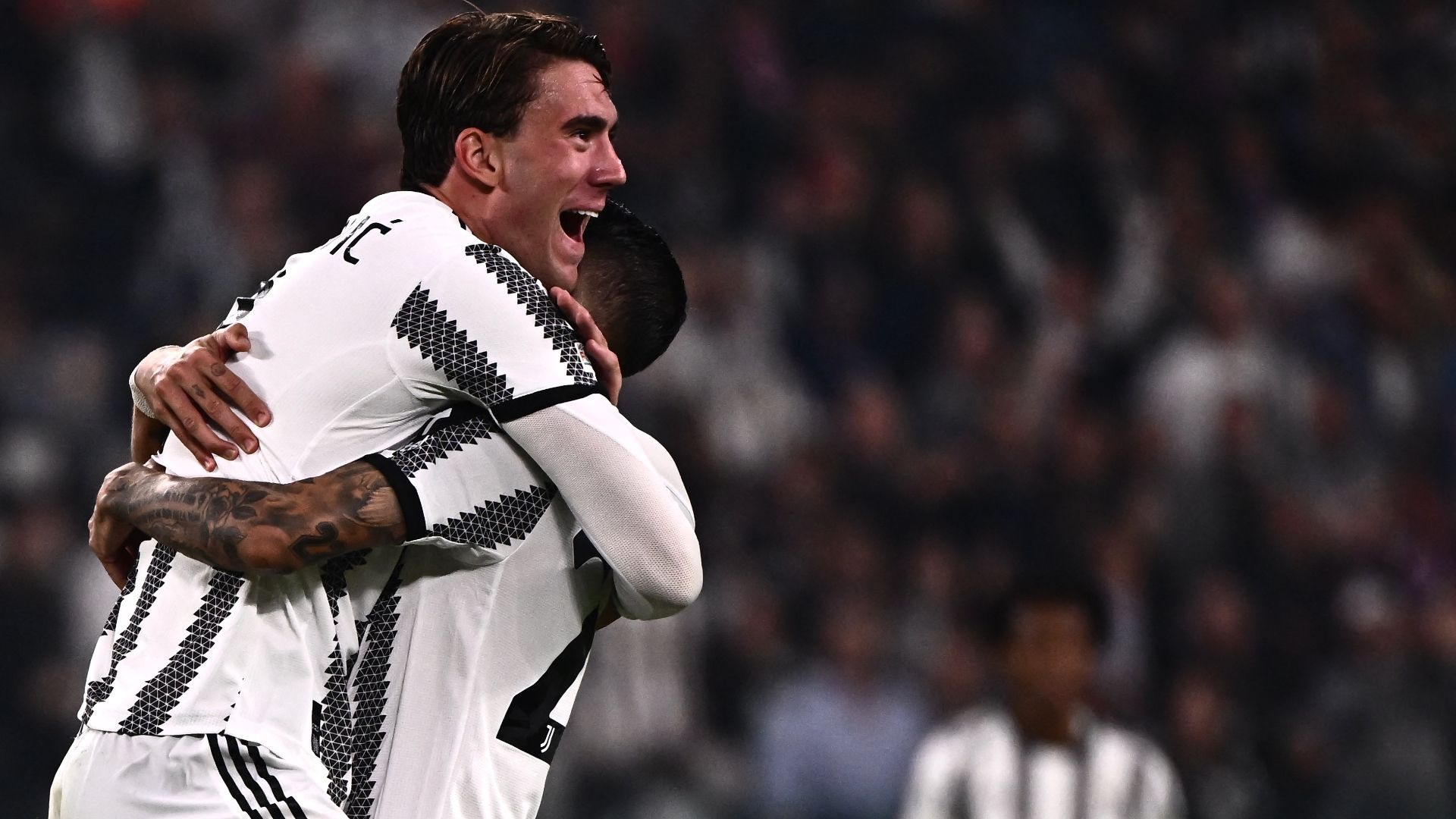 Vlahovic Juventus Maccabi Haifa celebrating Champions League