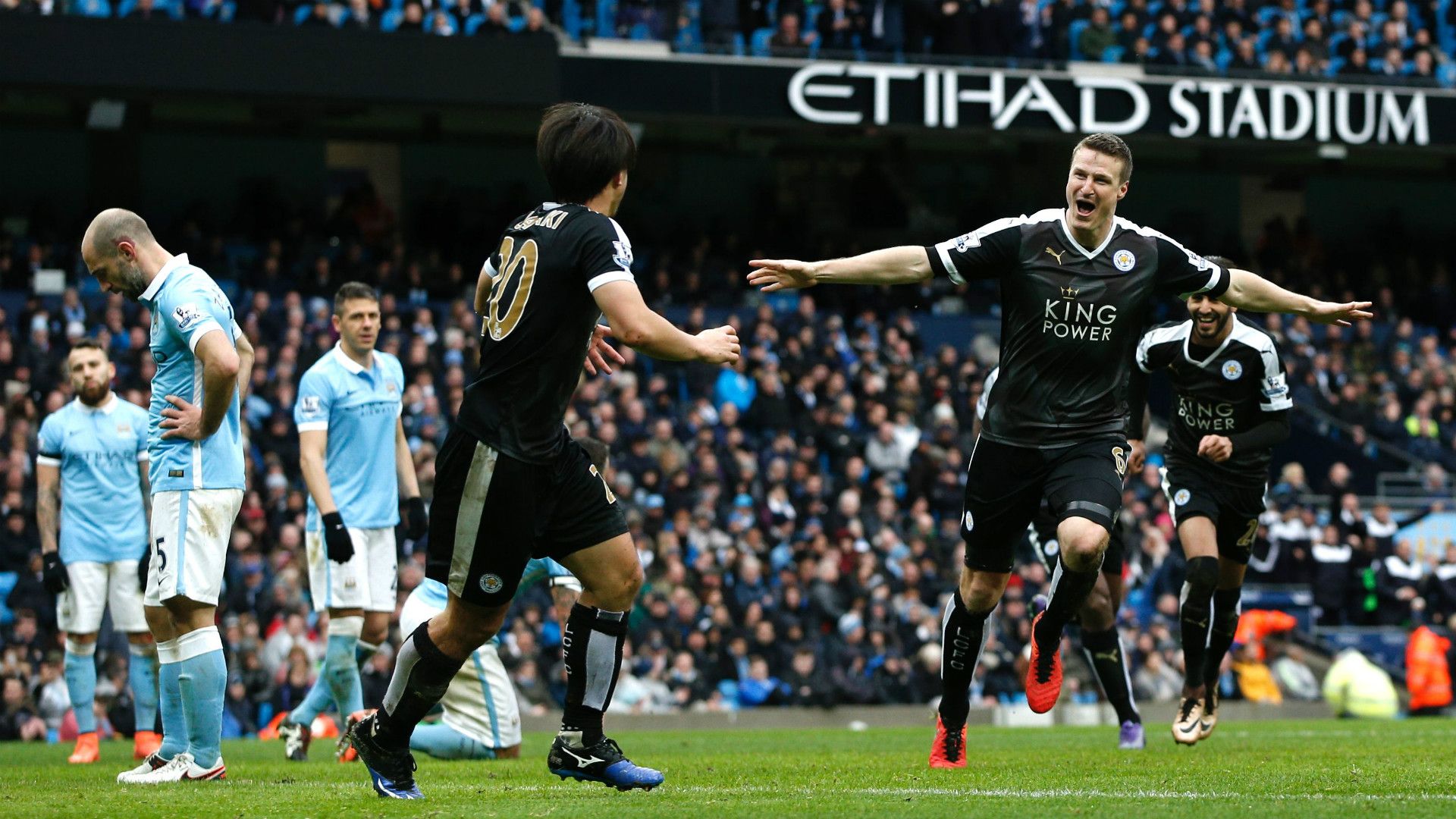 Robert Huth Shinji Okazaki Manchester City v Leicester City - Premier League 02062016