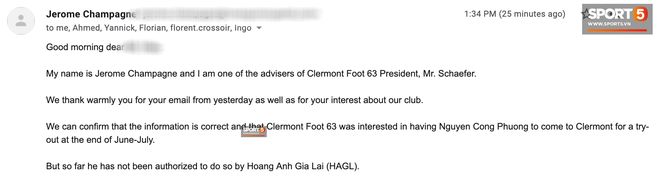 Email Confirmation from Clermont Foot about Cong Phuong's trial