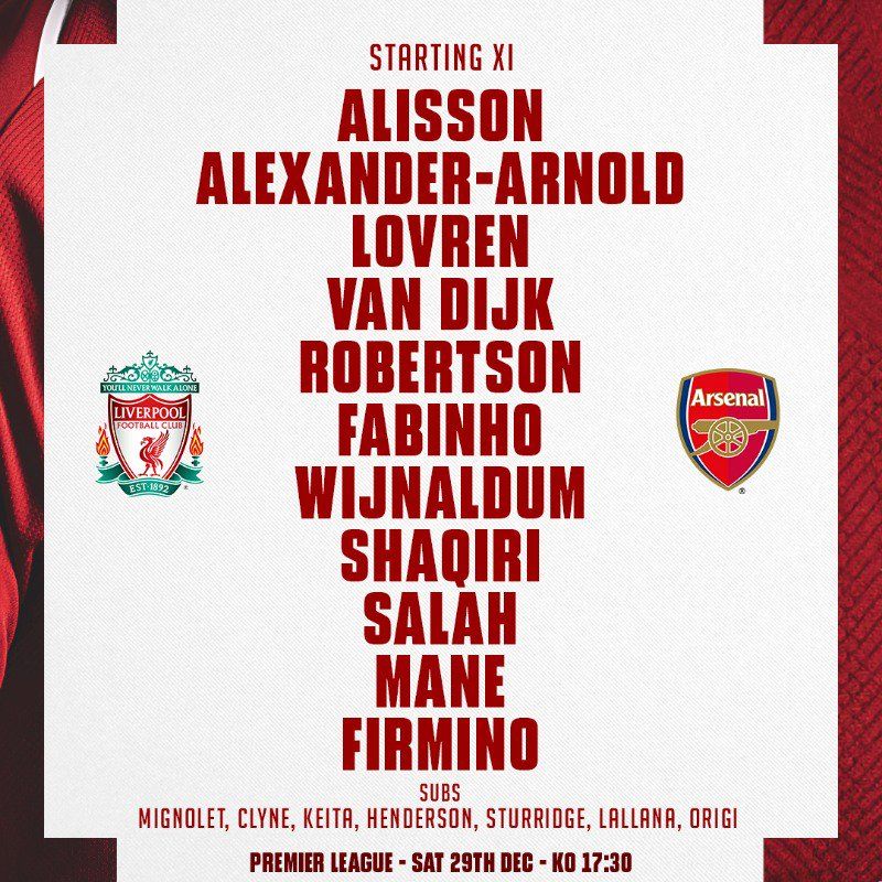 Liverpool vs Arsenal Line up EPL 291218