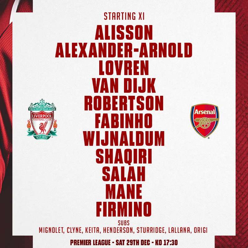 Liverpool vs Arsenal Line up EPL 291218