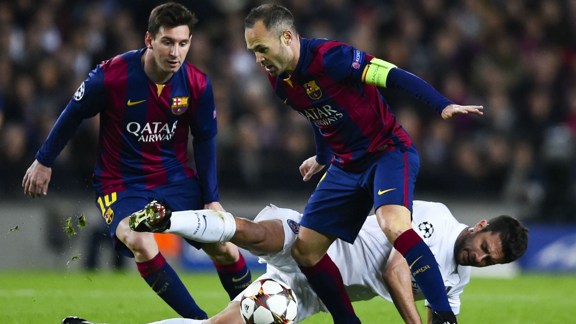 Lionel Messi Andres Iniesta Thiago Motta Barcelona PSG UEFA Champions League 12102014