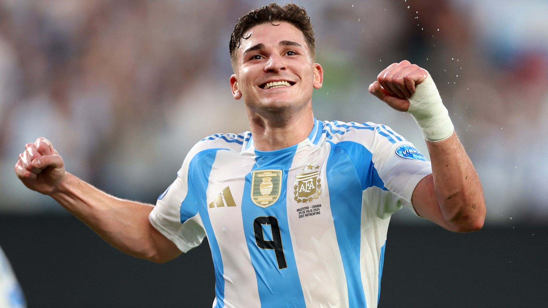 Argentina's forward #09 Julian Alvarez celebrates scoring his team's first goal 