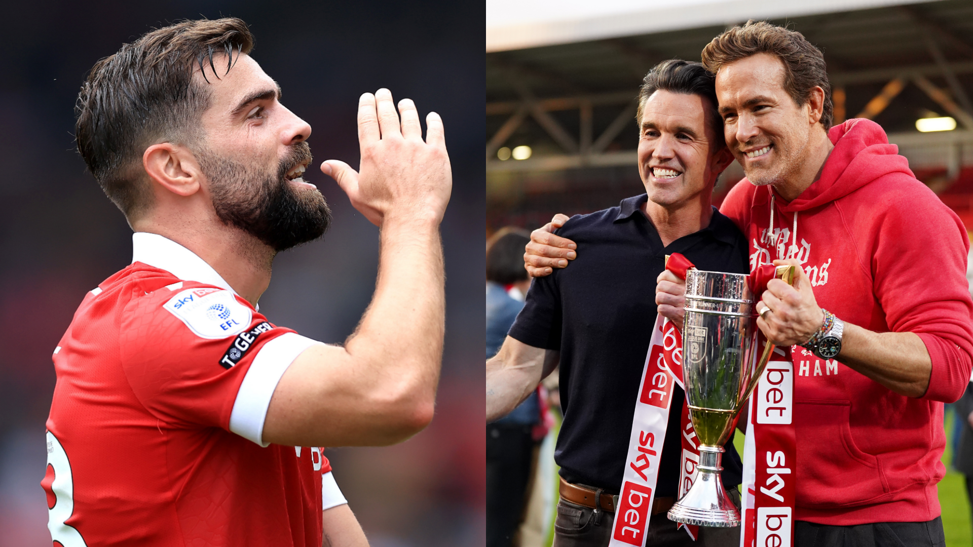 GOAL%20-%20Multiple%20Images%20-%202%20Split%20-%20Facebook(548) 'Sexy as f***' - Wrexham fans go crazy as Ryan Reynolds and Rob McElhenney's side show off new 2025-26 home kit ahead of Championship campaign