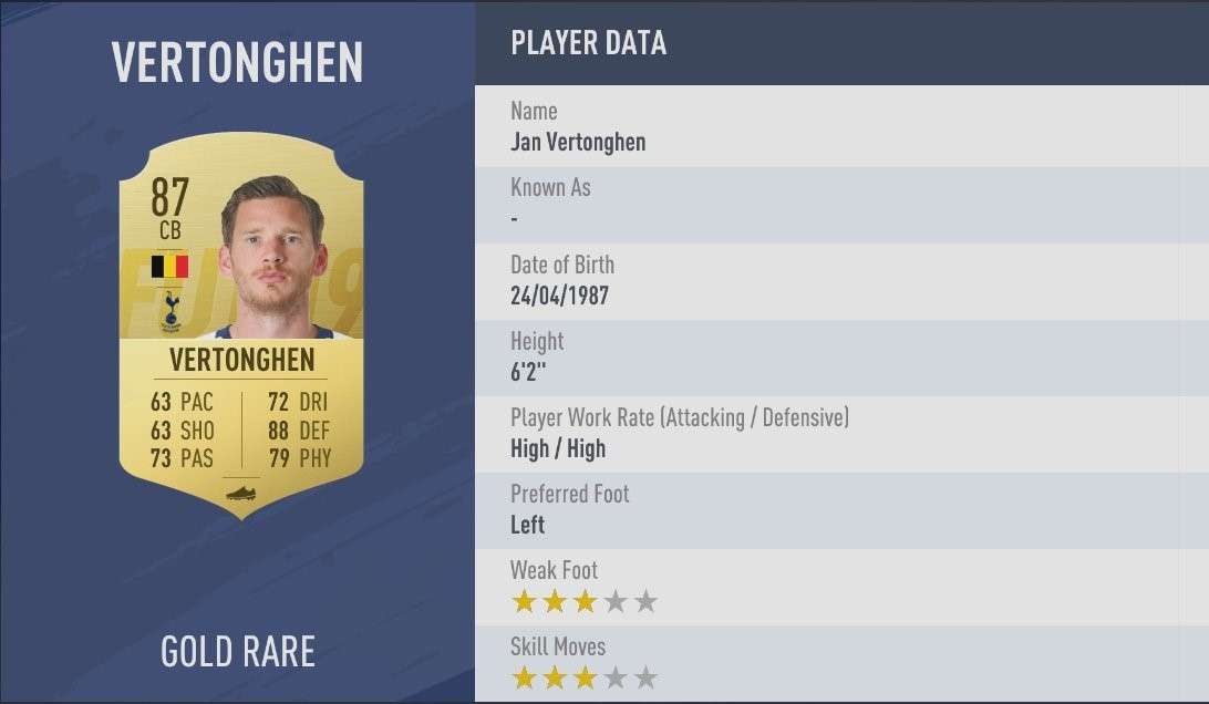 Embed only FIFA 19 ratings Jan Vertonghen