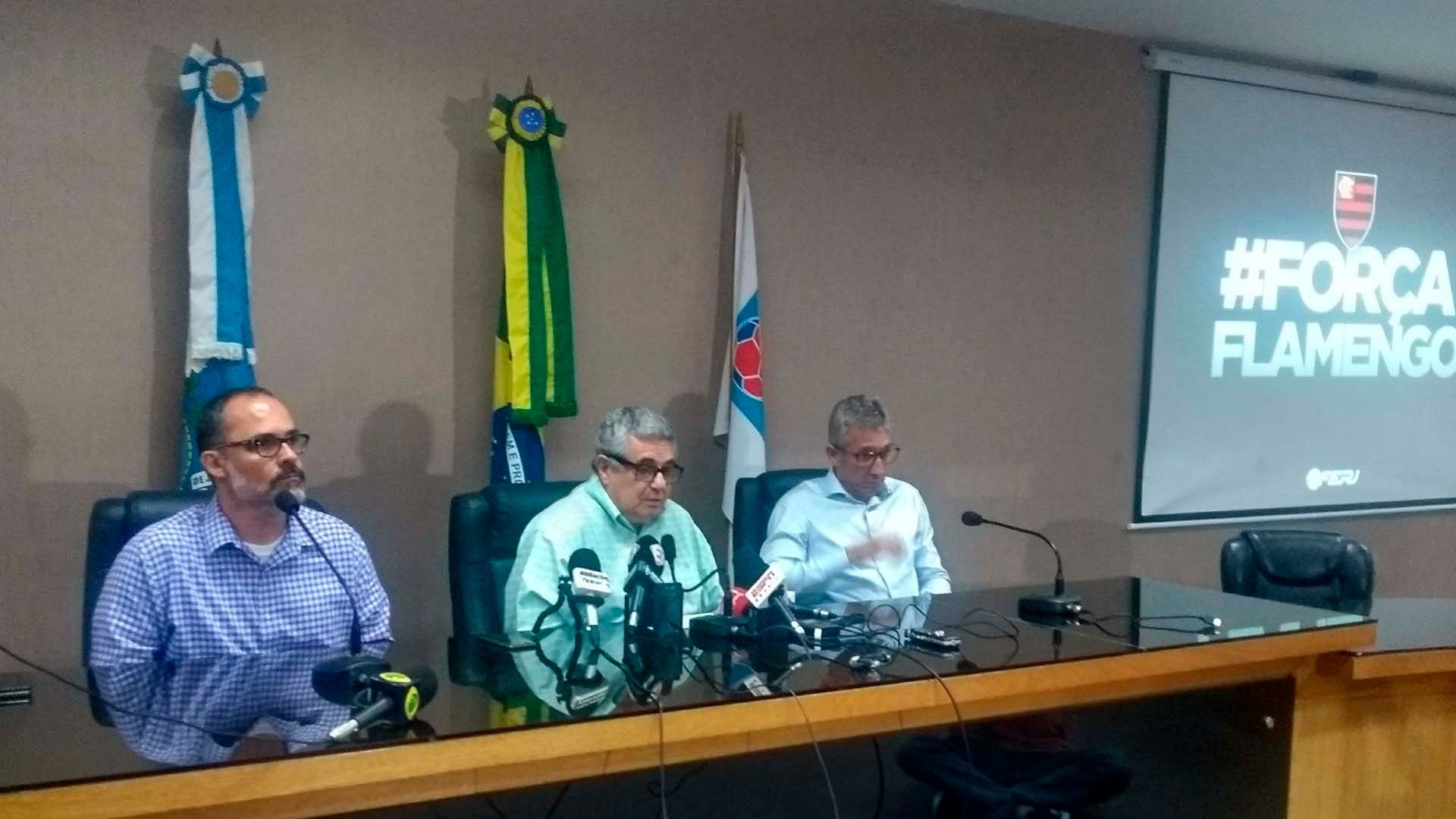 Pedro Abad, Rubens Lopes e Alexandre Campelo reunião Ferj incêndio CT Flamengo 08 02 19